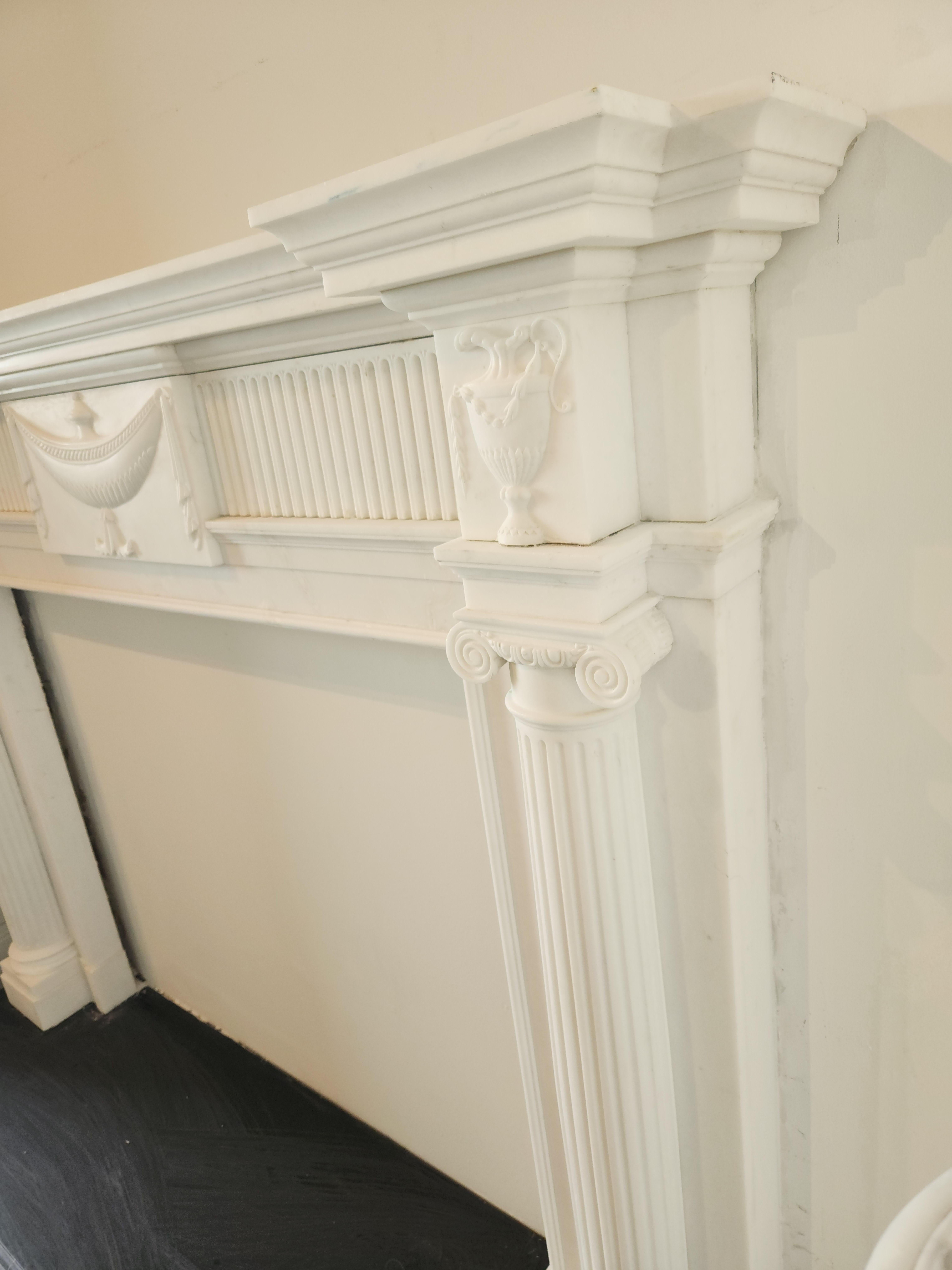 Hand-Carved White Marble Fireplace Mantel with Fluting in the Regency Style For Sale 7