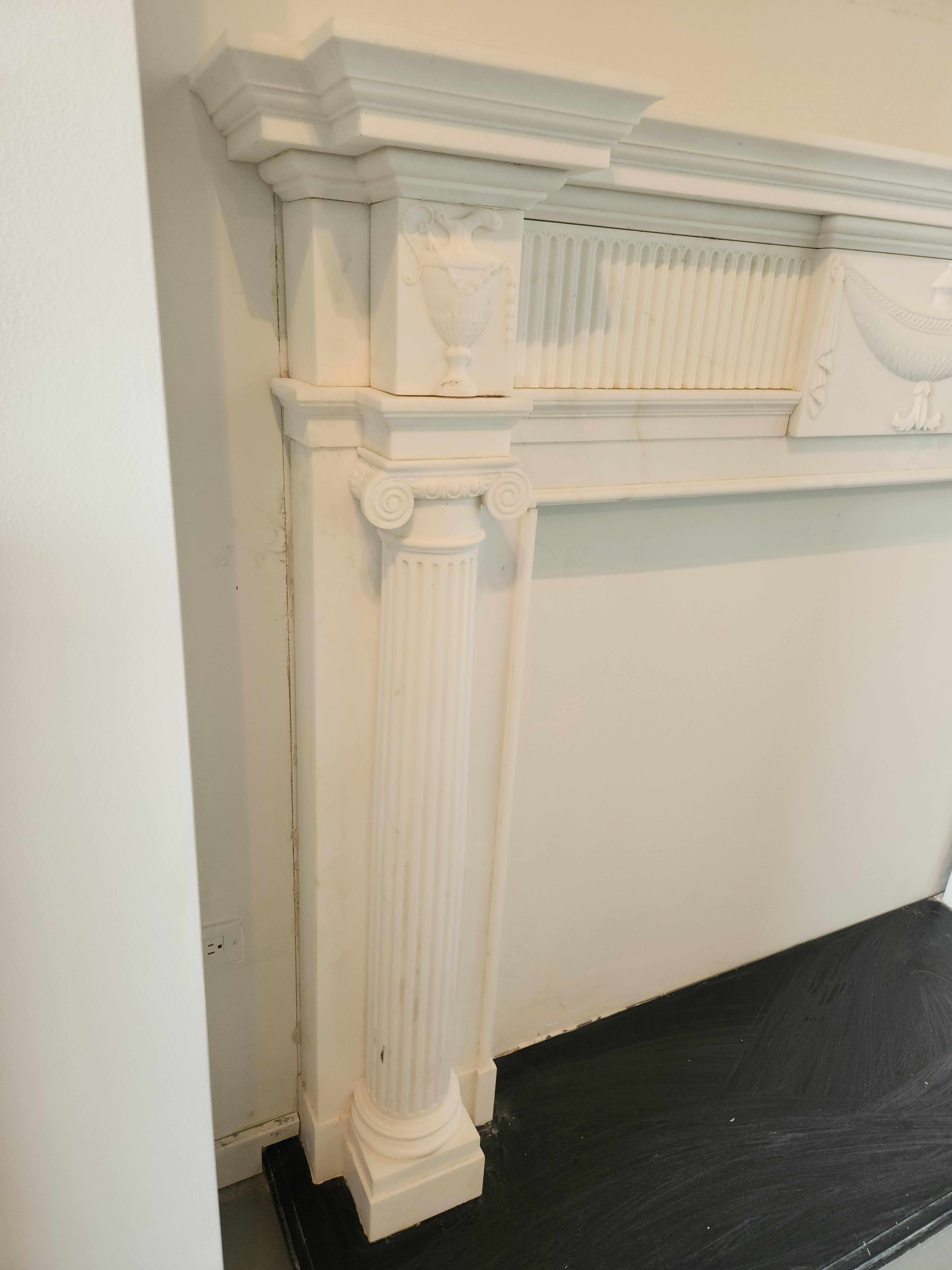 Hand-Carved White Marble Fireplace Mantel with Fluting in the Regency Style For Sale 4