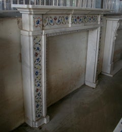 Hand Carved White Marble Fireplace Mantle with Pietre Dure Mosaic Inlay