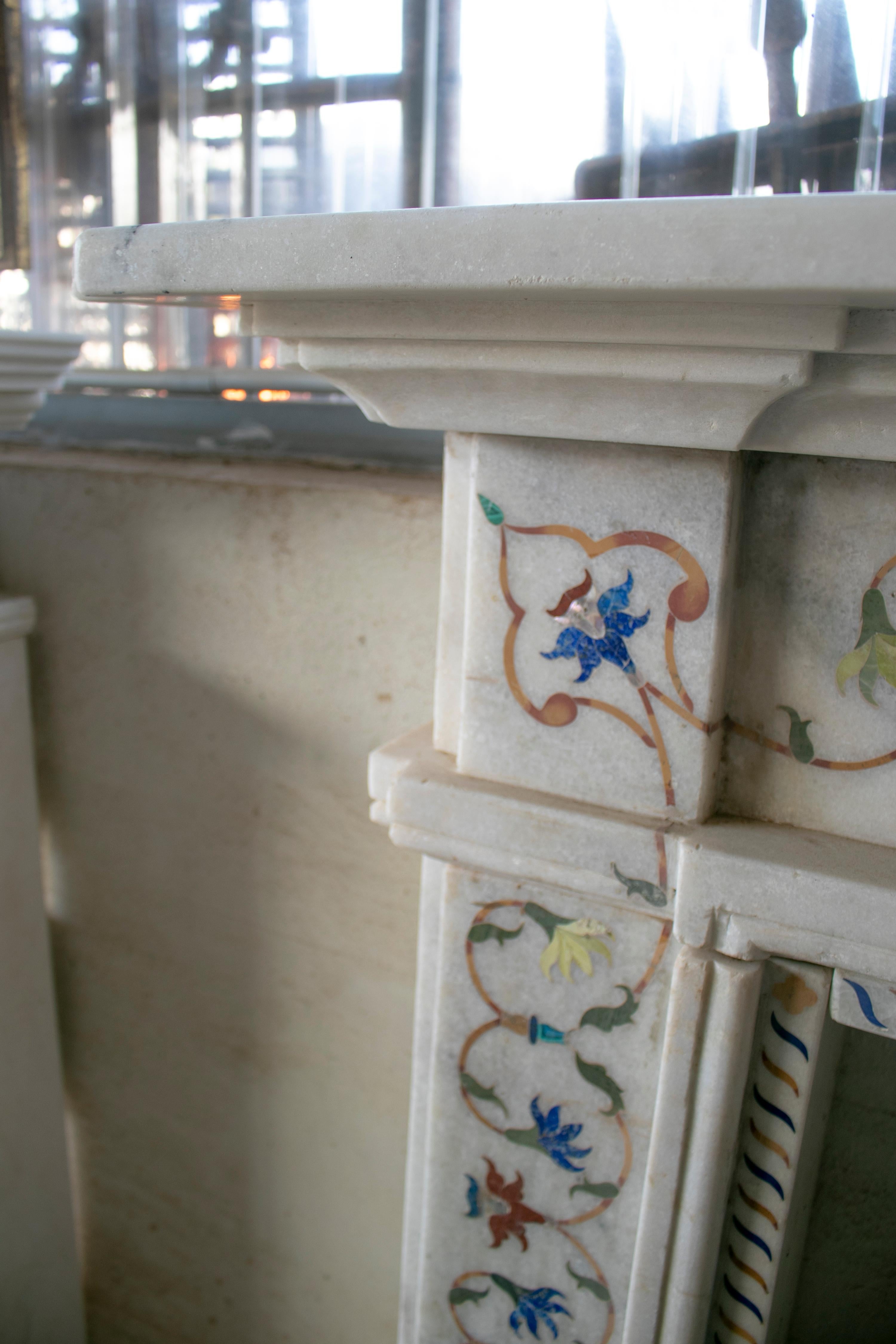 Late 20th Century Hand Carved White Marble Fireplace Mantle with Pietre Dure Mosaic Inlay
