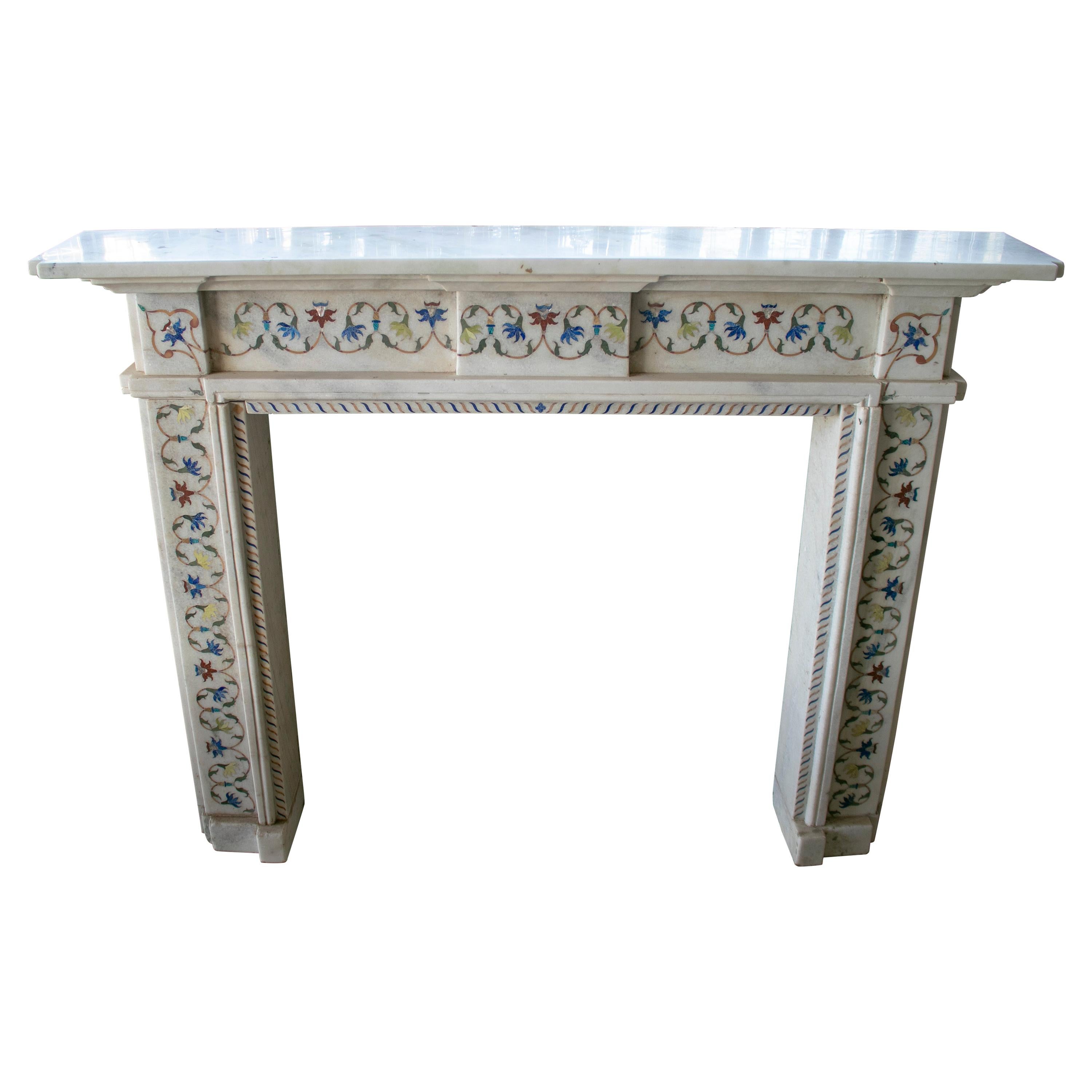 Hand Carved White Marble Fireplace Mantle with Pietre Dure Mosaic Inlay