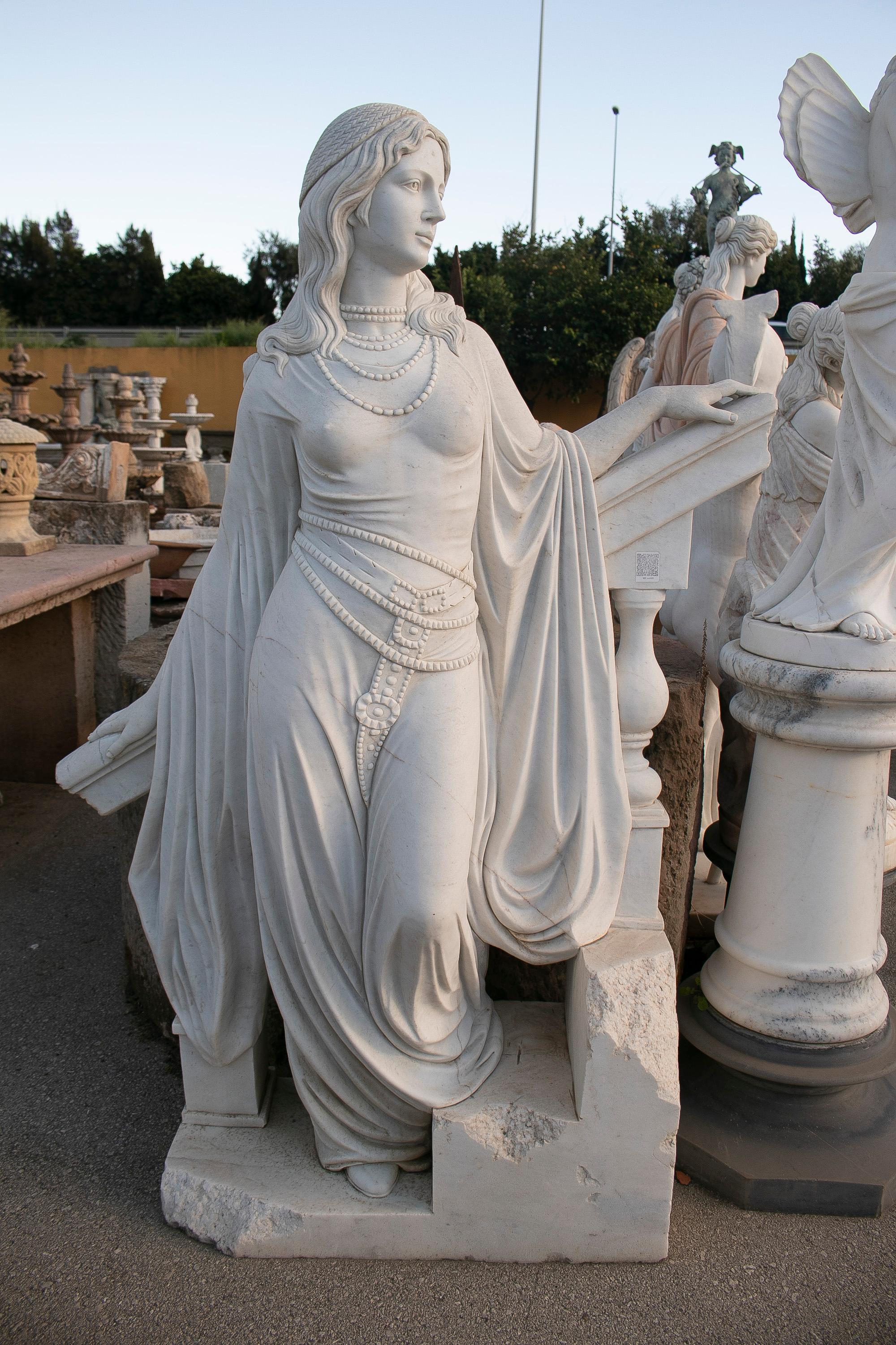 Hand Carved White Marble Sculpture of a Woman Leaning on a Ladder For