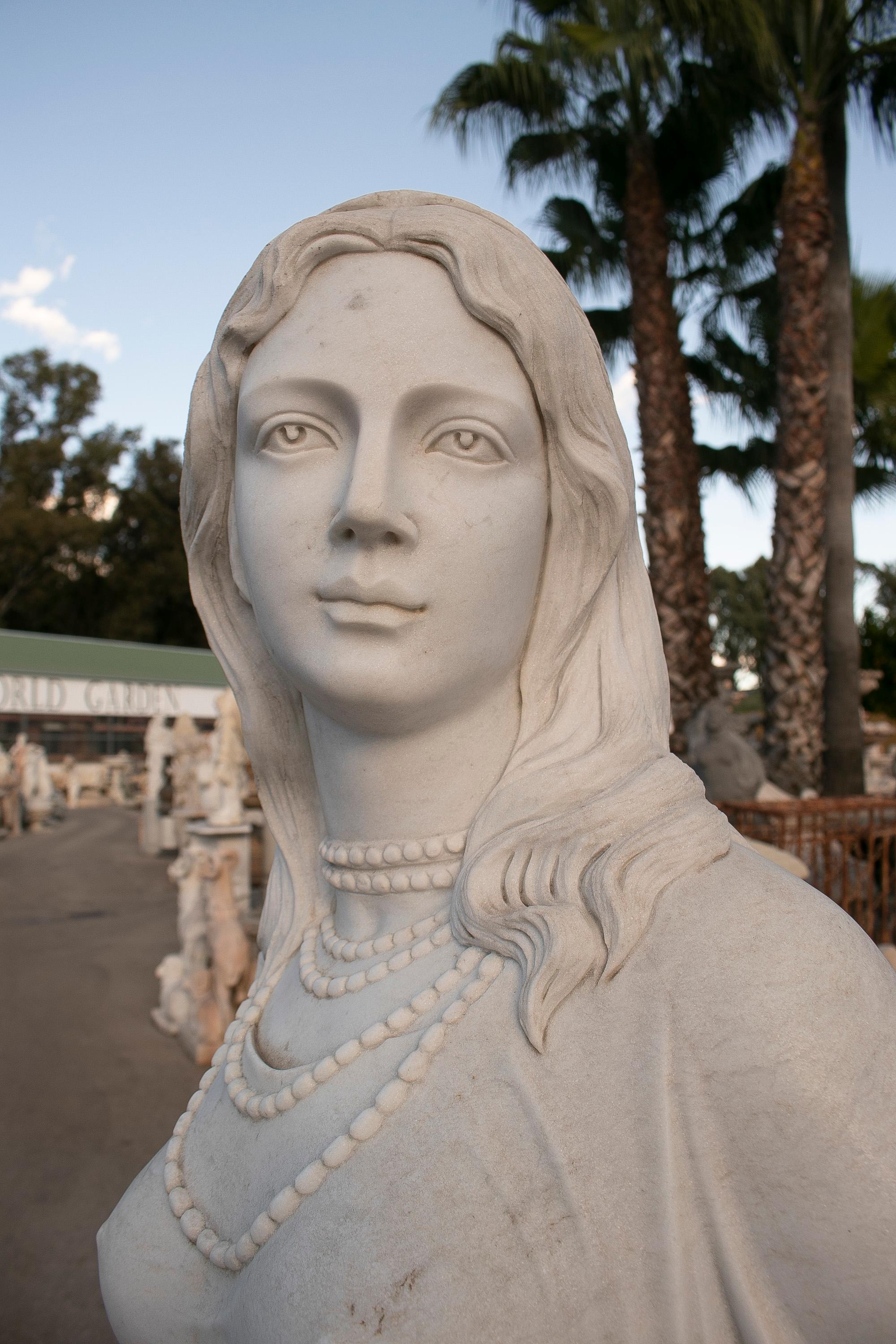 Hand Carved White Marble Sculpture of a Woman Leaning on a Ladder For