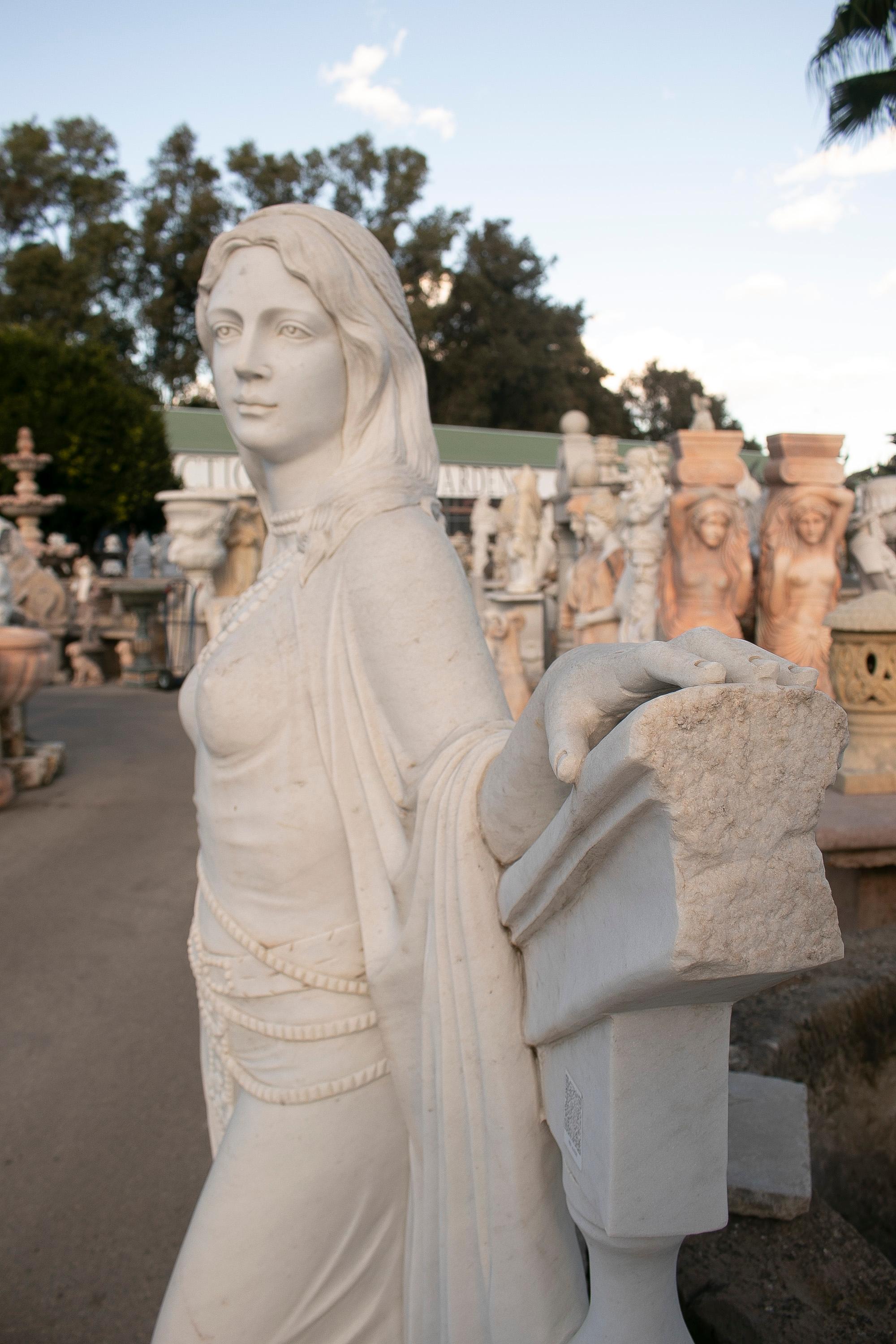 Hand Carved White Marble Sculpture of a Woman Leaning on a Ladder For