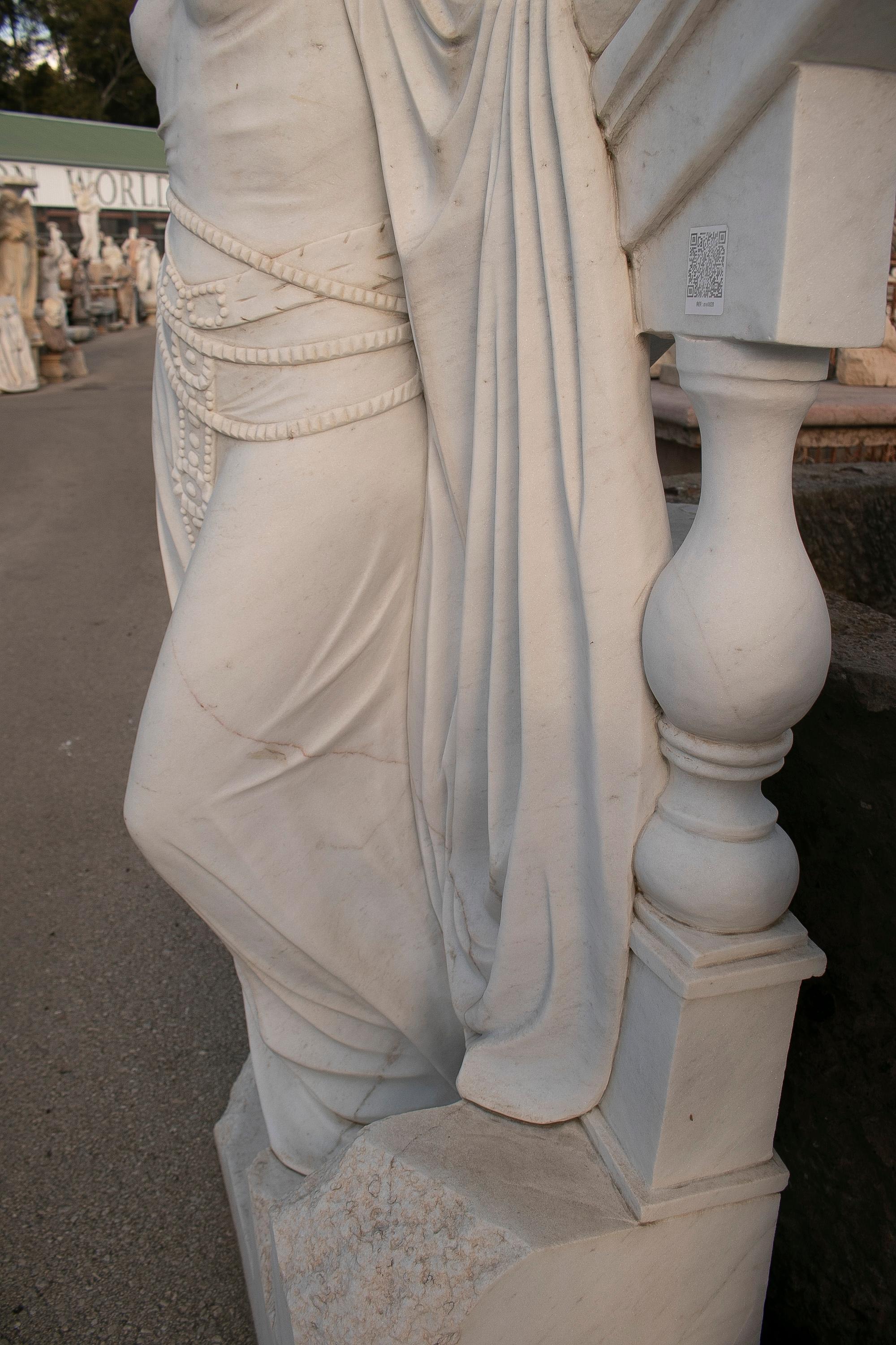 Hand Carved White Marble Sculpture of a Woman Leaning on a Ladder For