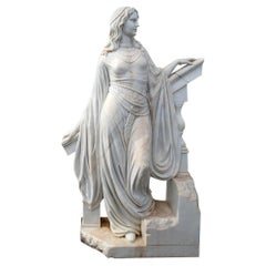 Hand Carved White Marble Sculpture of a Woman Leaning on a Ladder