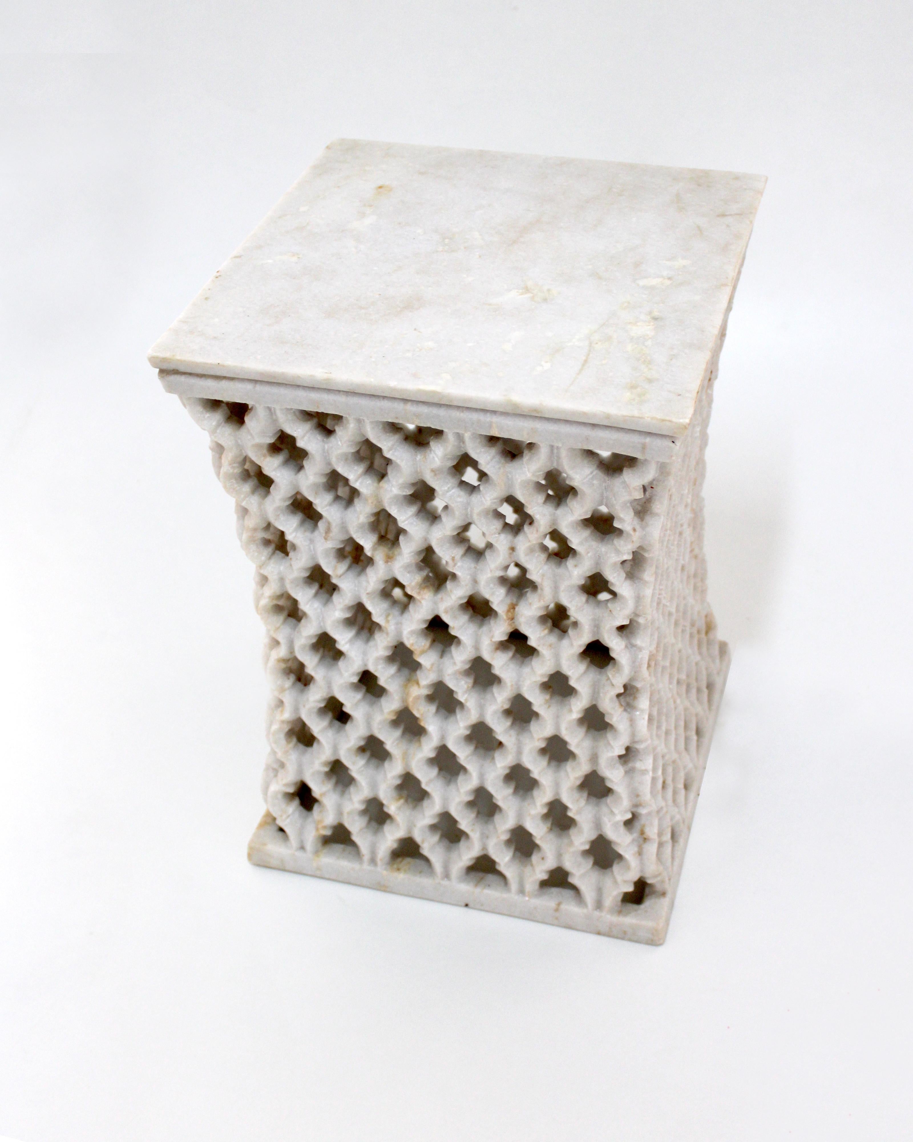 Contemporary Modern White Marble Side Table or Bedside Tables Hand-Carved by Paul Mathieu For Sale