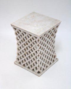 Modern White Marble Side Table or Bedside Tables Hand-Carved by Paul Mathieu