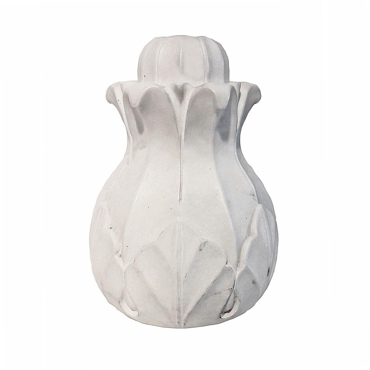 A Fountain element in white statuary marble. India, circa 1980. 
Intricately hand-carved in a leaf pattern, with a narrow opening from top to bottom that allows water to flow through as a fountain base. 

Two available, sold separately.

As outdoor