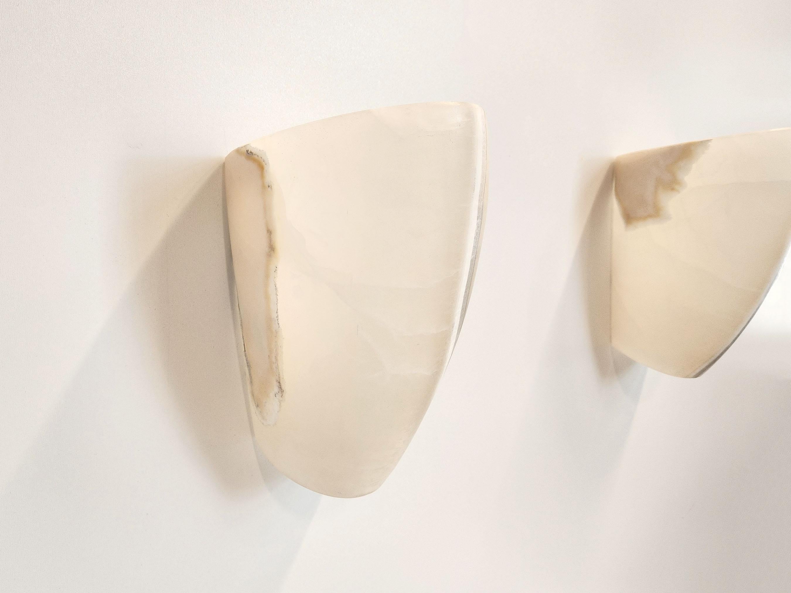 Contemporary Hand-carved White Onyx Wall Sconces with Natural Dark Veins For Sale