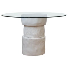 Hand Carved White Plaster and Glass Contemporary Dammara Round Table