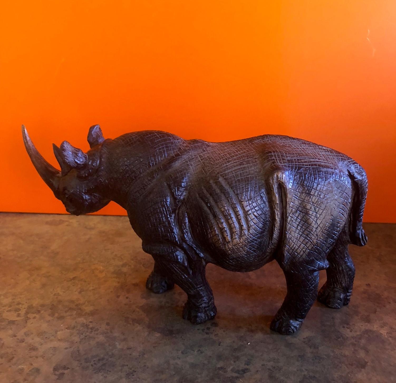 African Hand-Carved White Rhino / Rhinoceros Signed Sculpture