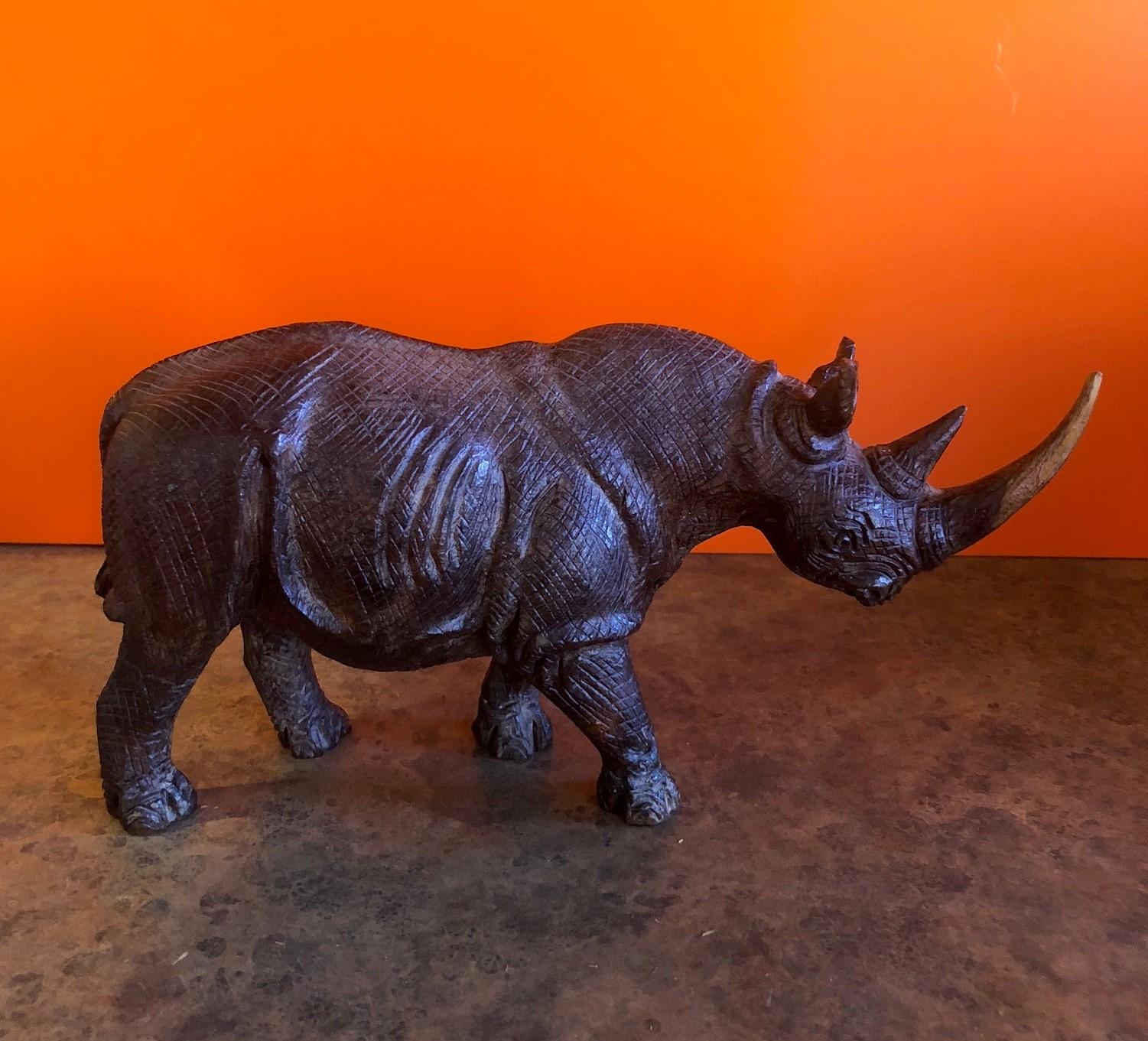 20th Century Hand-Carved White Rhino / Rhinoceros Signed Sculpture