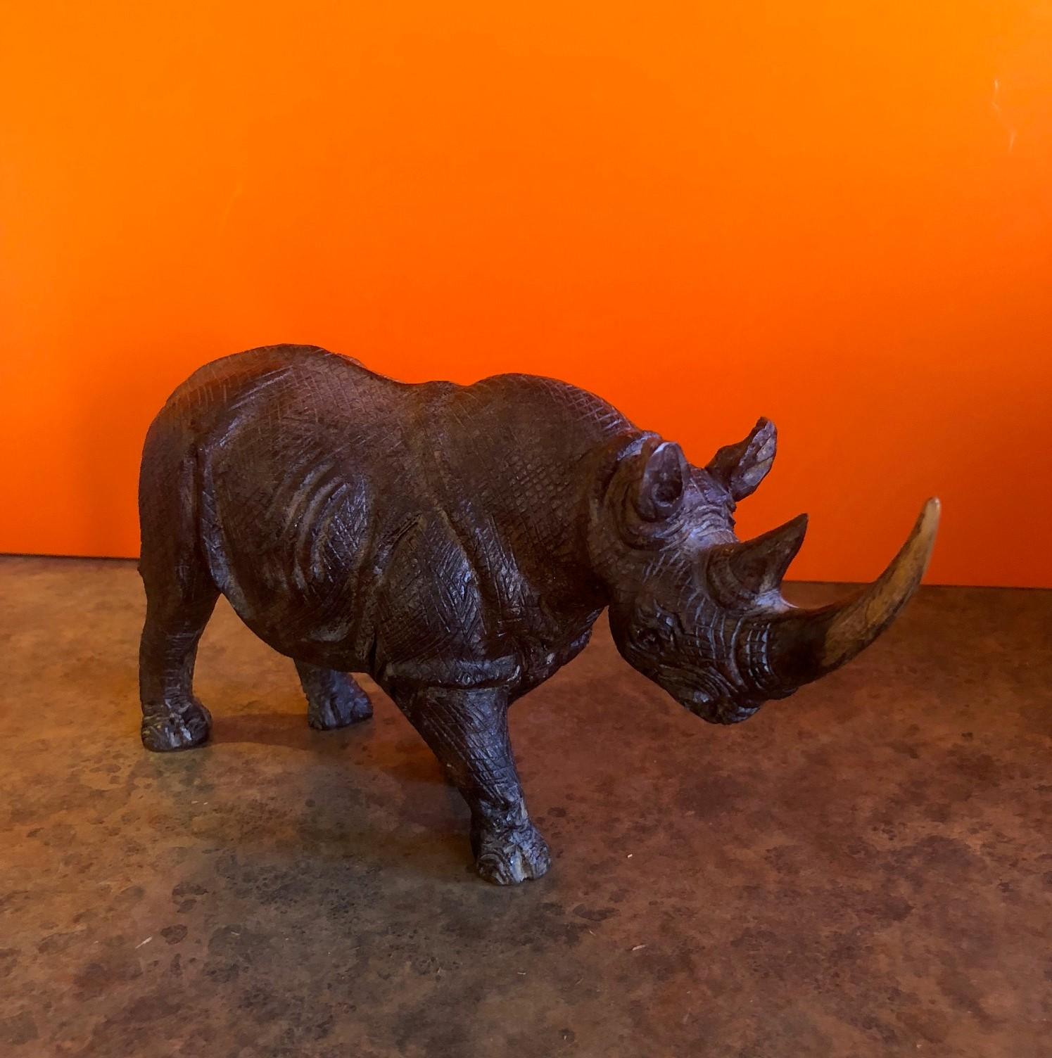 Hardwood Hand-Carved White Rhino / Rhinoceros Signed Sculpture
