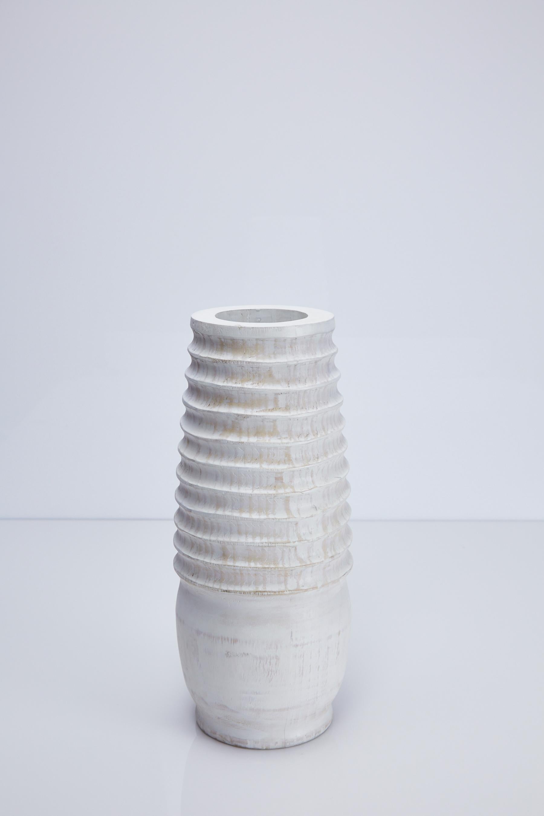Minimalist Hand Carved White Washed Rounded Wooden Vase with Ribbing For Sale