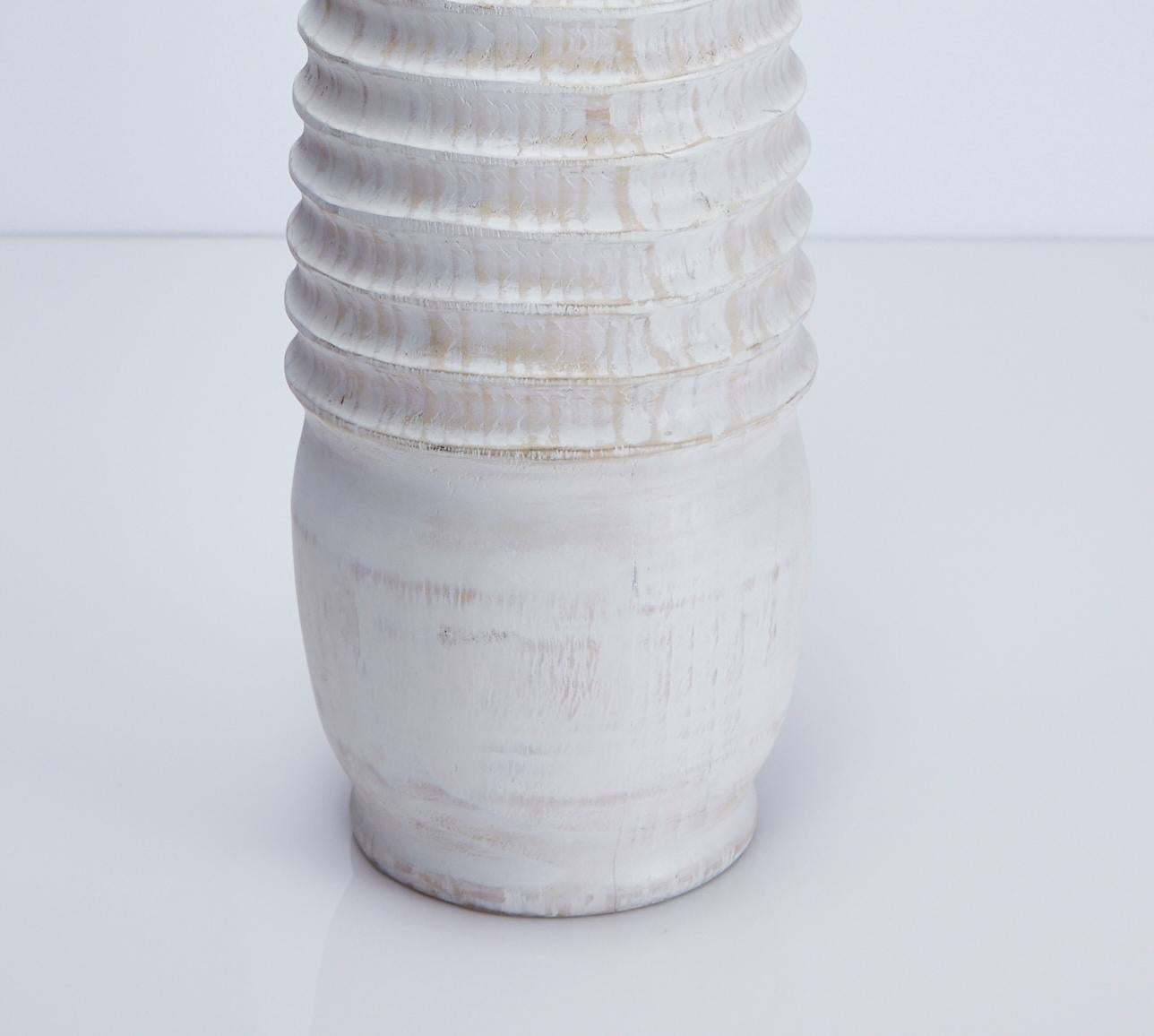 Philippine Hand Carved White Washed Rounded Wooden Vase with Ribbing For Sale