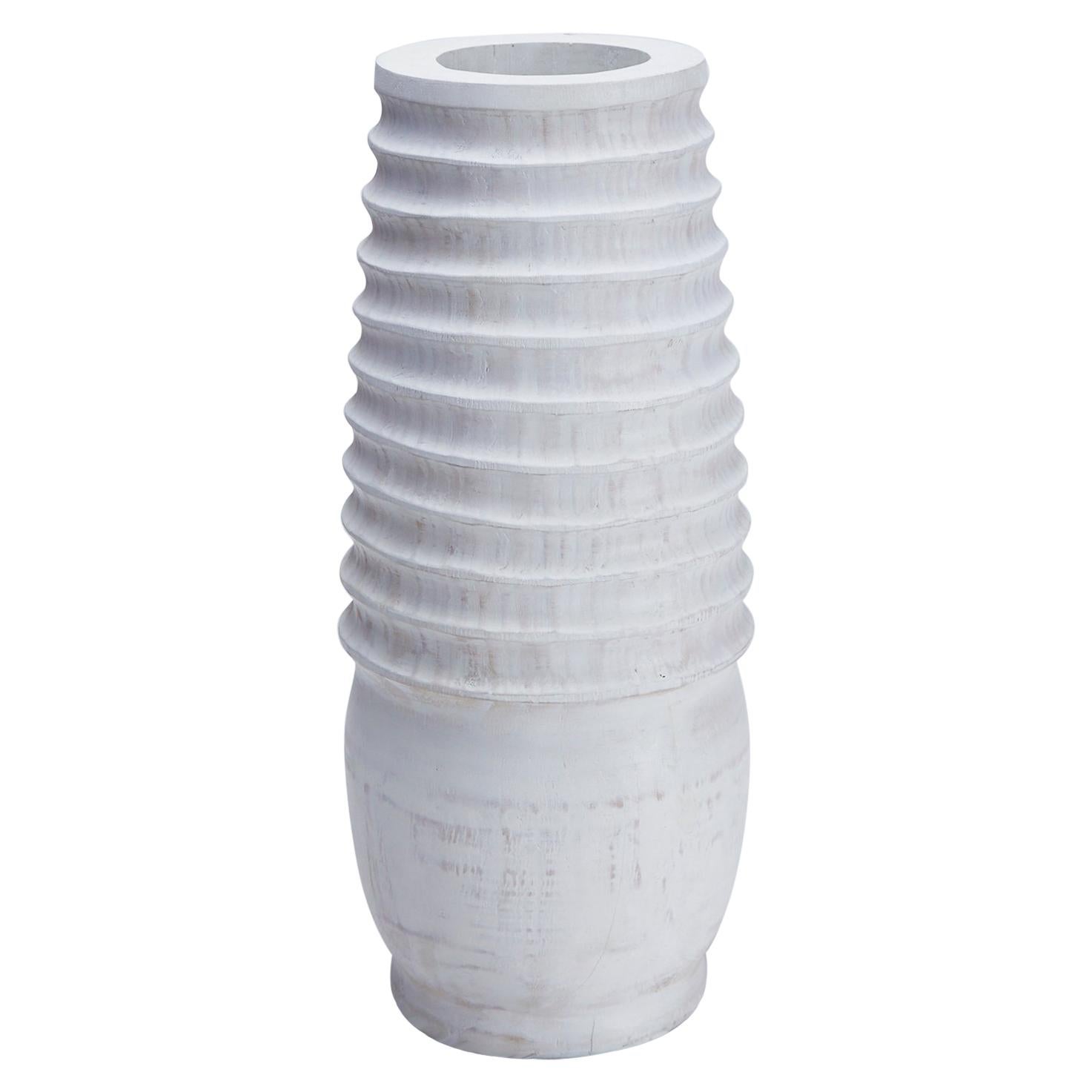 Hand Carved White Washed Rounded Wooden Vase with Ribbing For Sale