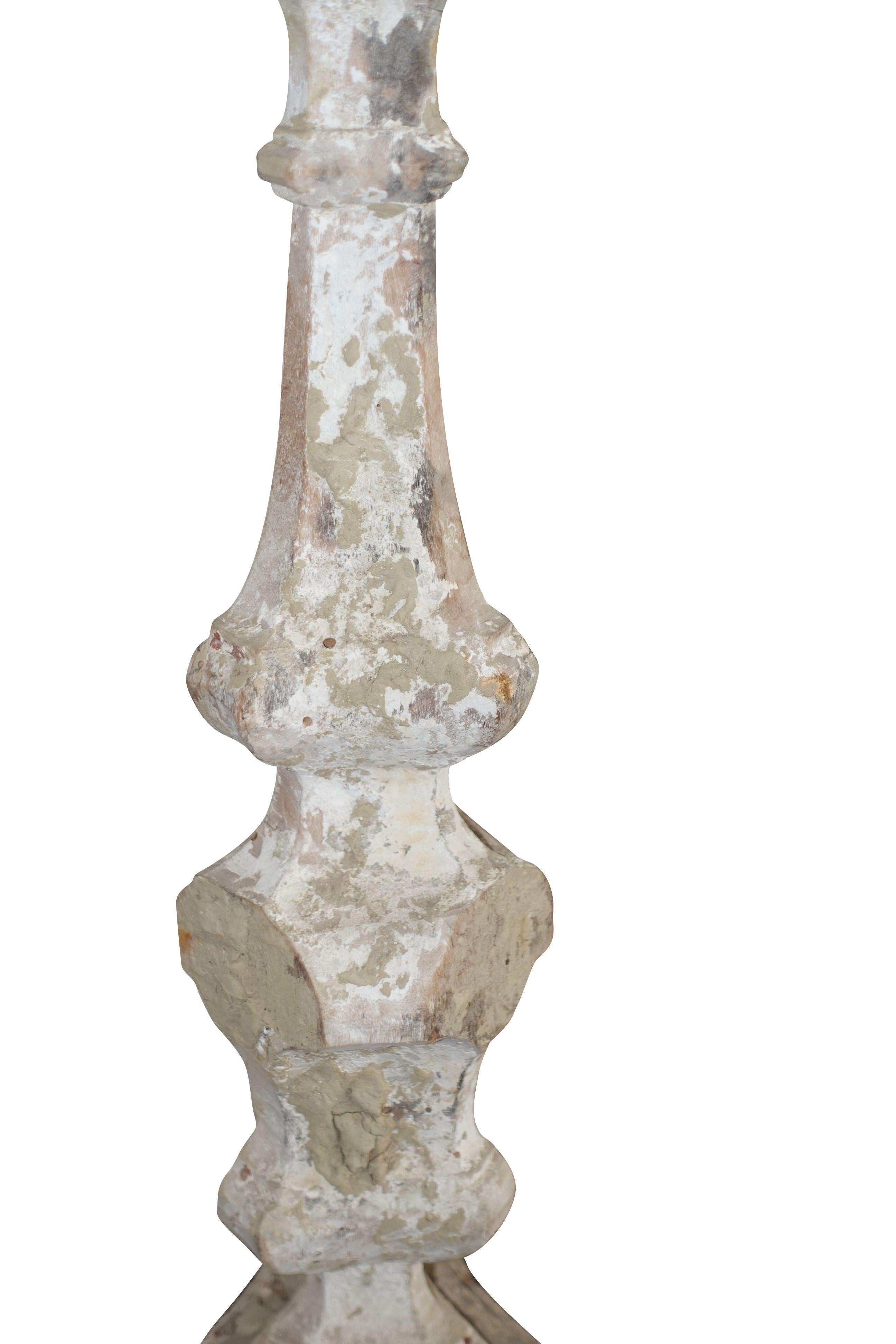 Hand Carved White Weathered Wood Candlestick, Italy, 19th Century In Good Condition In New York, NY