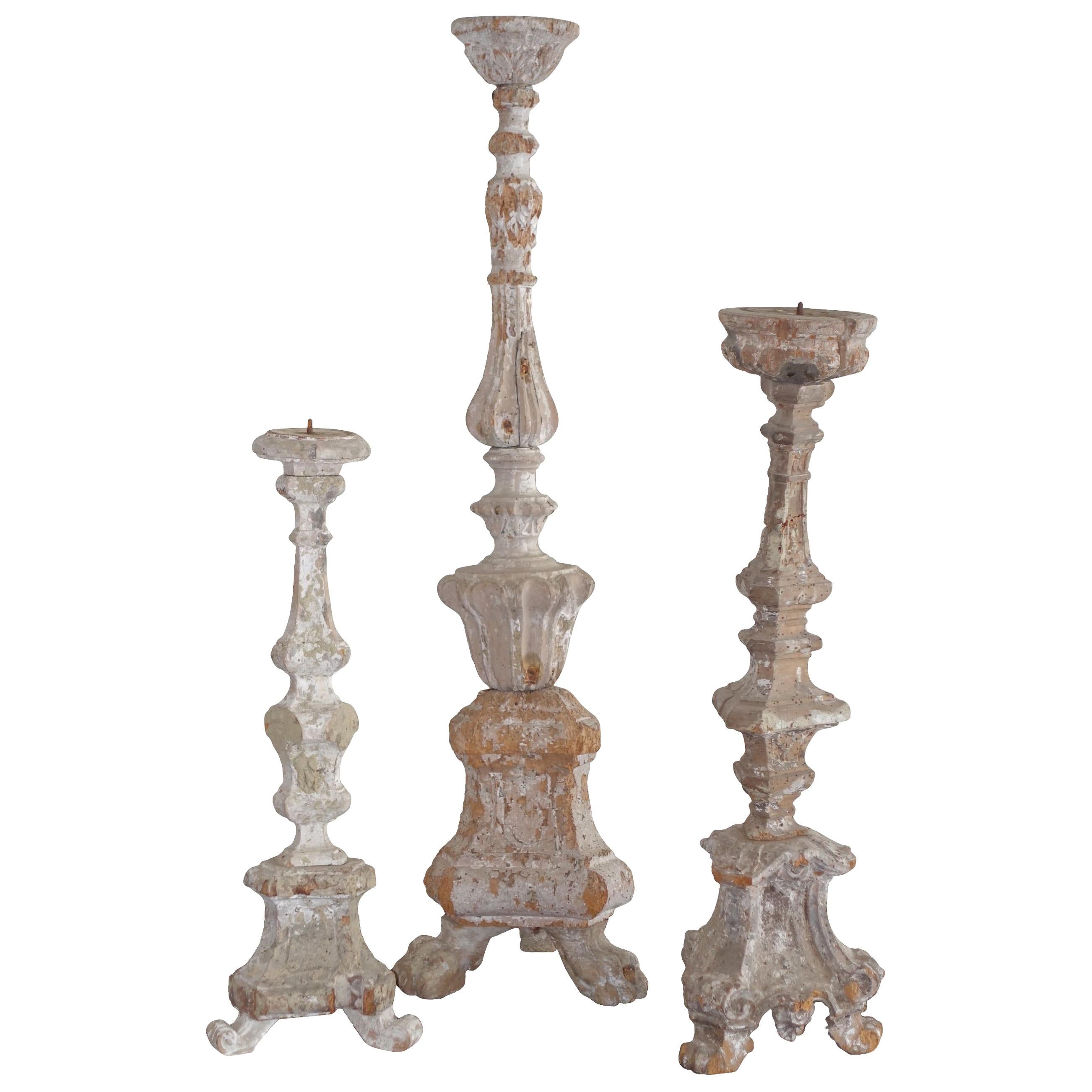 Hand Carved White Weathered Wood Candlestick, Italy, 19th Century