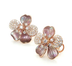 Hand Carved Wild Rose Mother-of-Pearl and Diamond Earrings in 18k Rose Gold