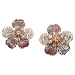 Hand Carved Wild Rose Mother-of-Pearl and Diamond Earrings in 18k Rose Gold