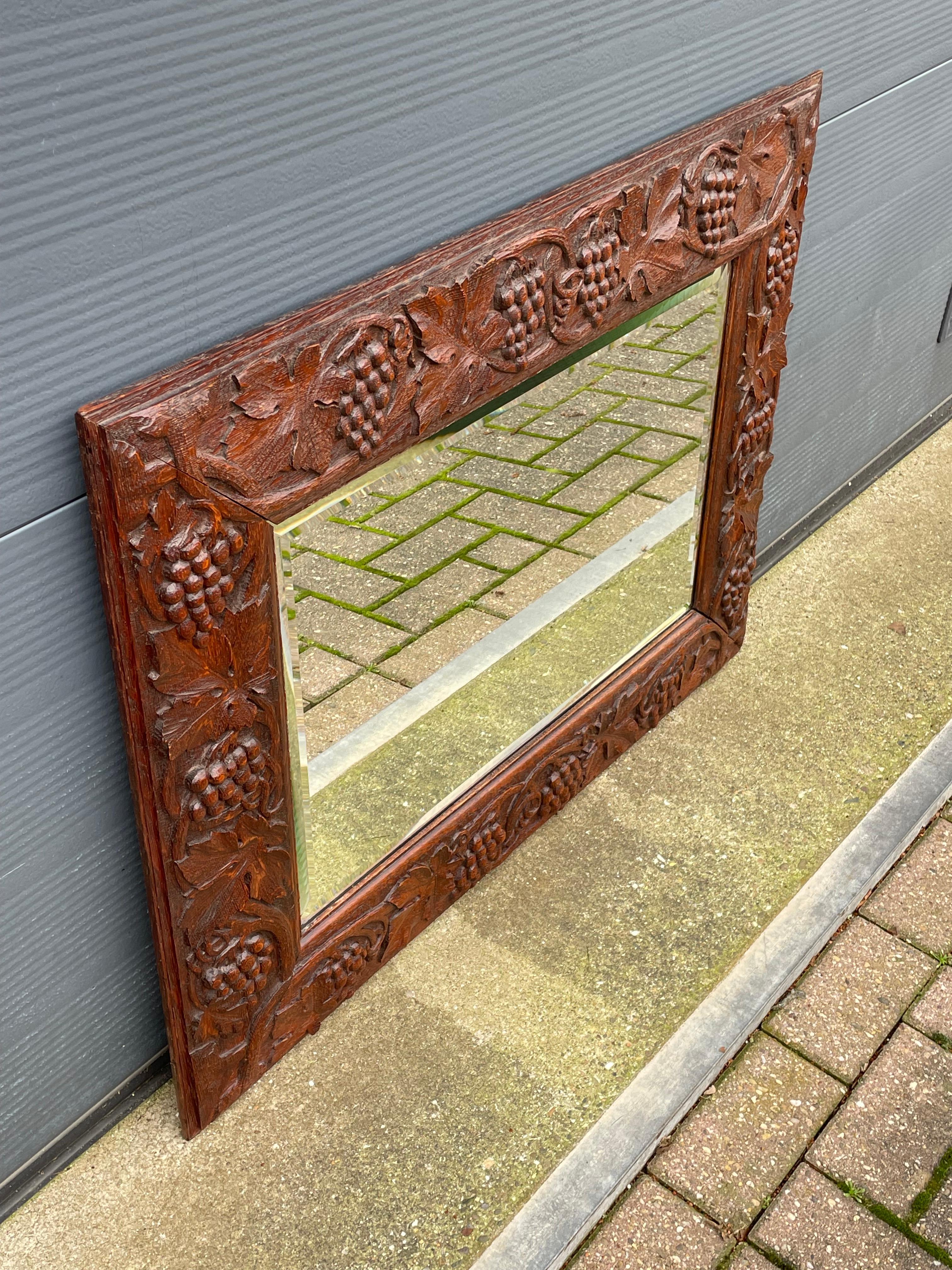 Hand Carved Wine Theme Arts & Crafts Wall Mirror with Grape Bunches & Leafs 1910 For Sale 2