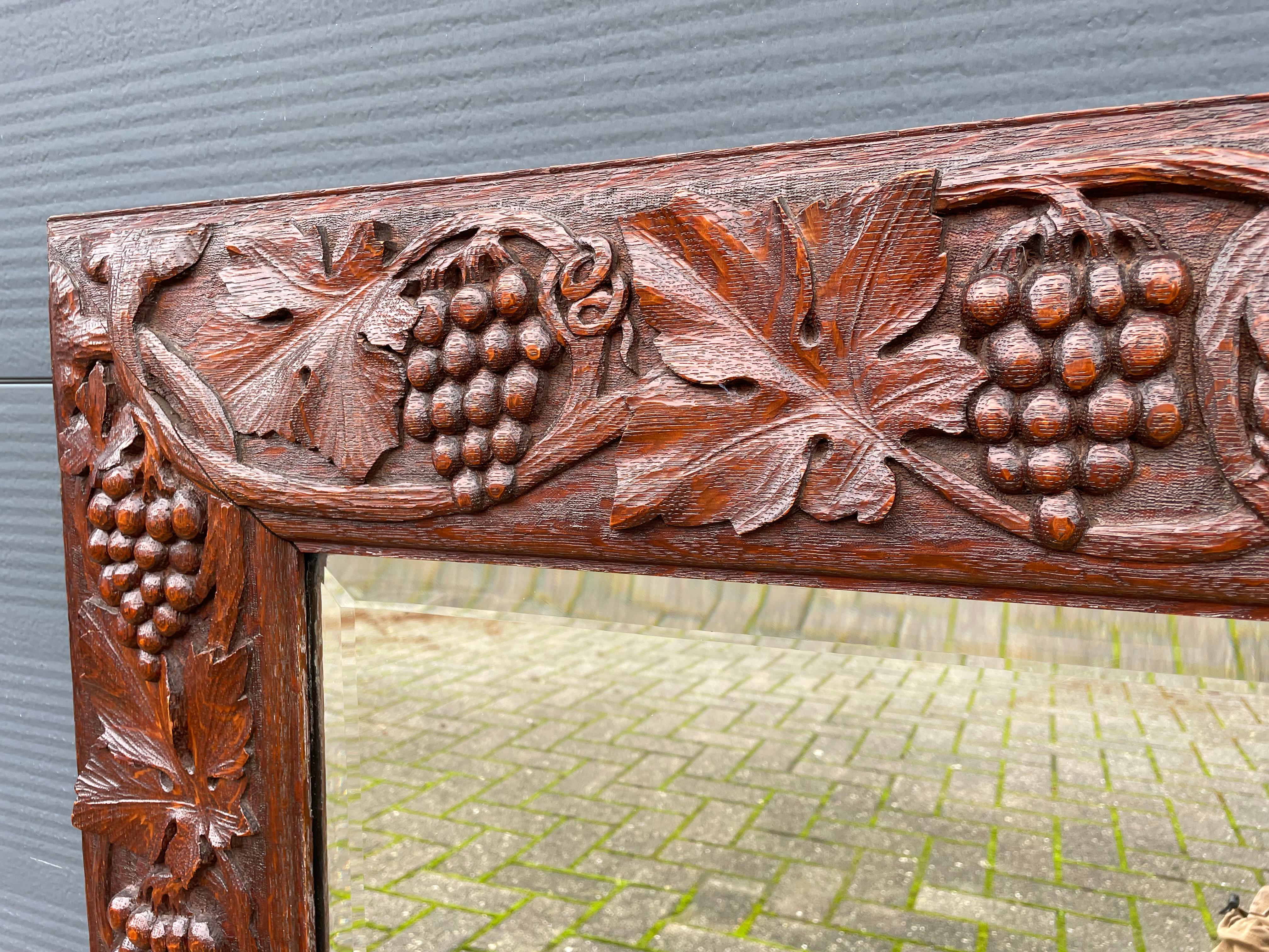 Arts and Crafts Hand Carved Wine Theme Arts & Crafts Wall Mirror with Grape Bunches & Leafs 1910 For Sale