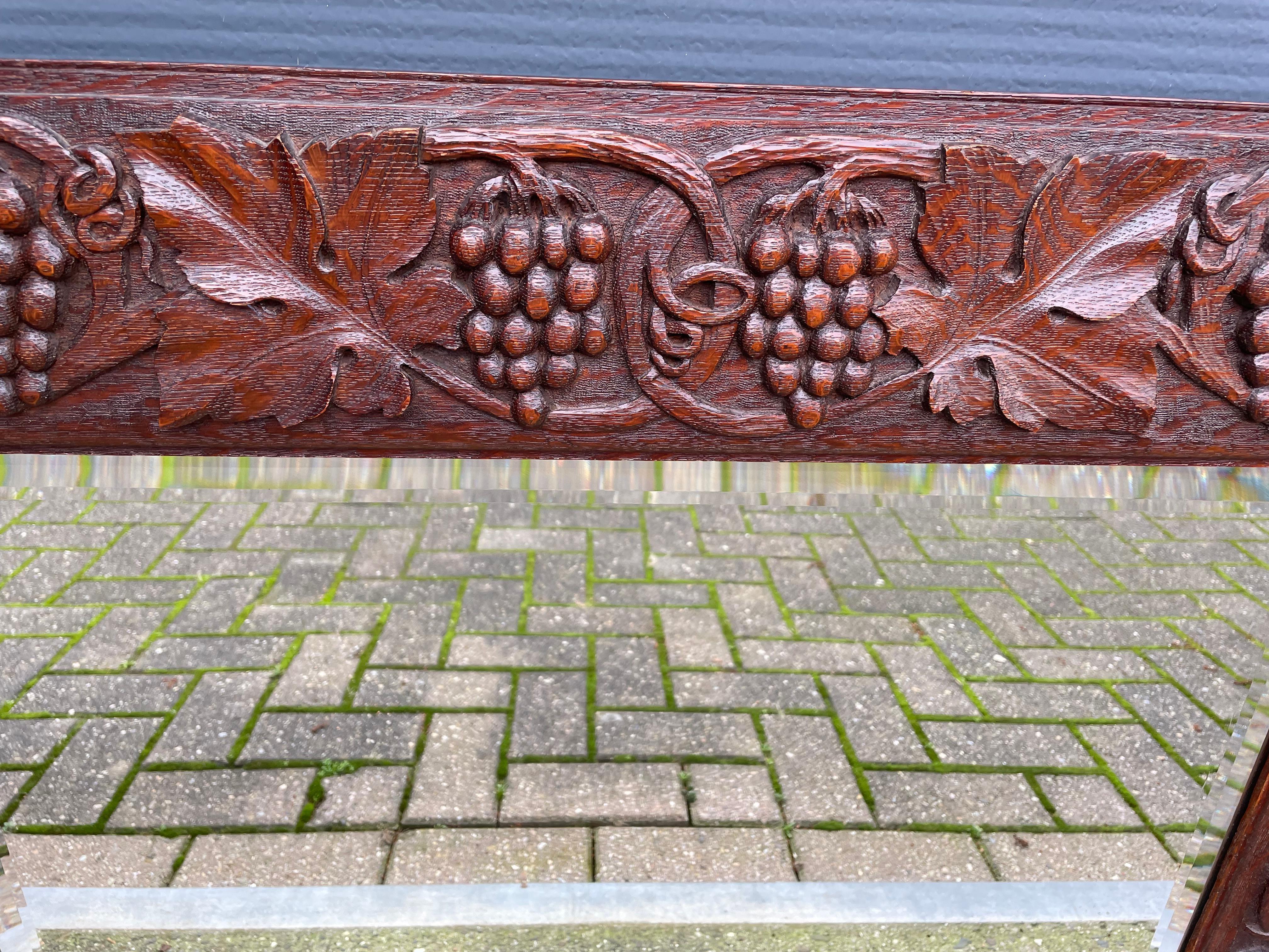 European Hand Carved Wine Theme Arts & Crafts Wall Mirror with Grape Bunches & Leafs 1910 For Sale