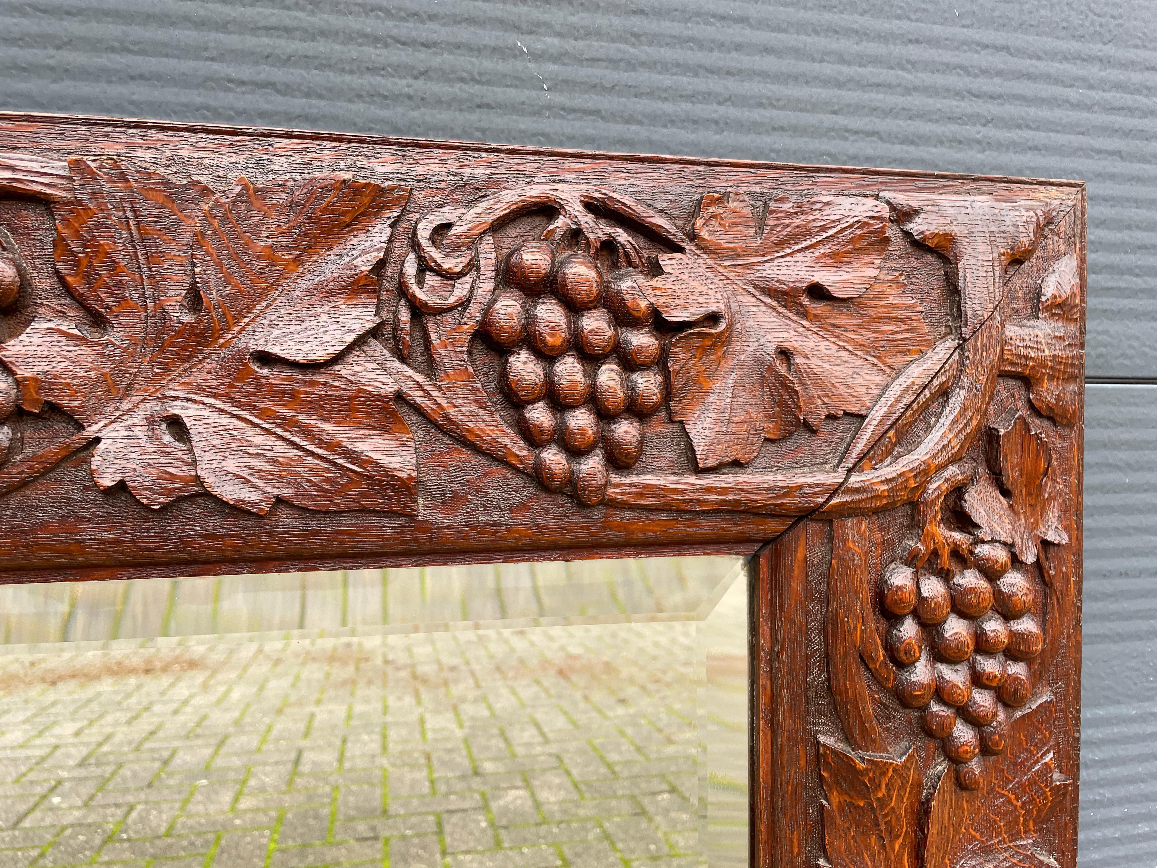 Patinated Hand Carved Wine Theme Arts & Crafts Wall Mirror with Grape Bunches & Leafs 1910 For Sale