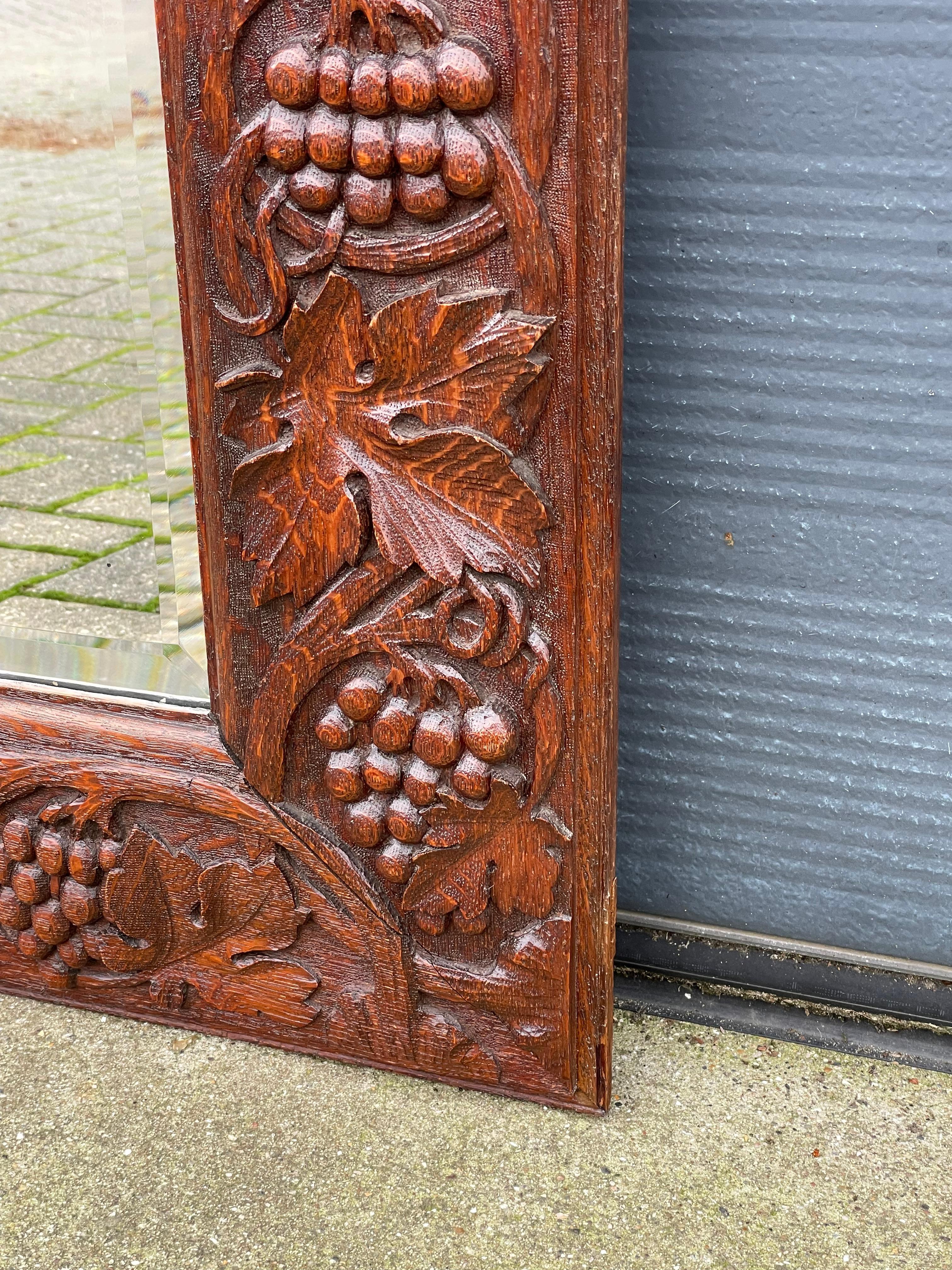 20th Century Hand Carved Wine Theme Arts & Crafts Wall Mirror with Grape Bunches & Leafs 1910 For Sale