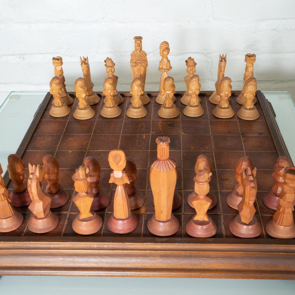 Hand Carved Wood and Leather Chess Set For Sale 3