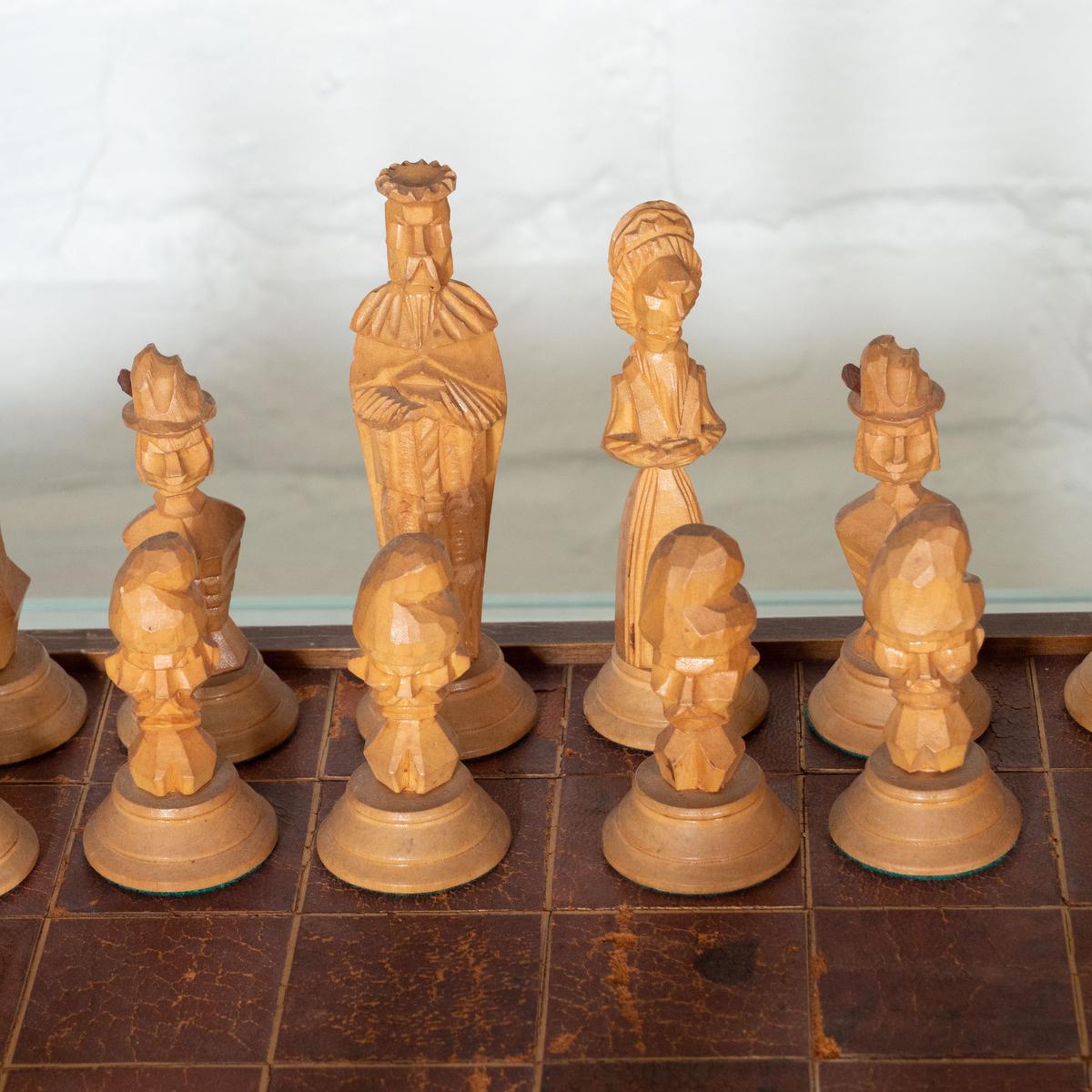 Hand Carved Wood and Leather Chess Set For Sale 4