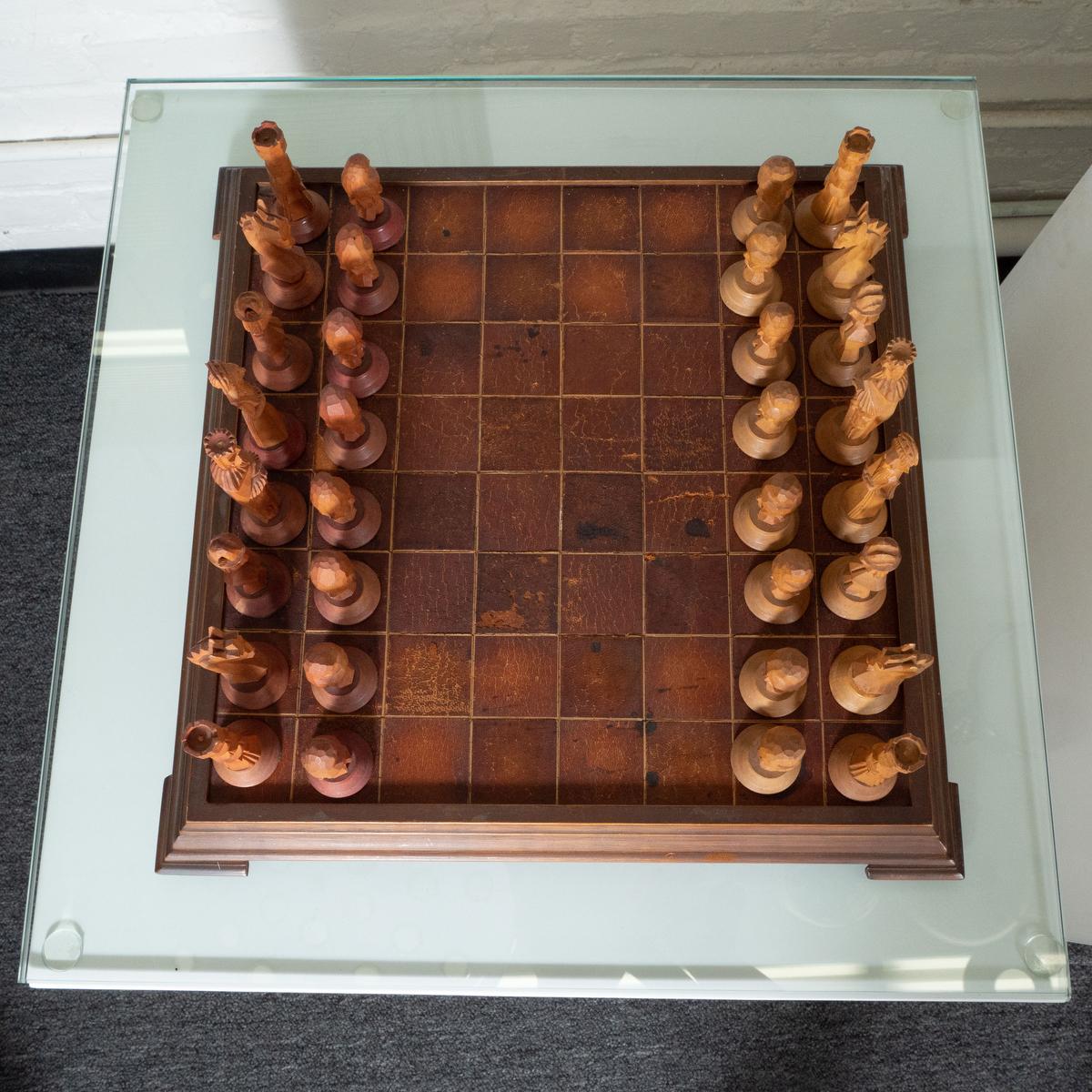 Hand Carved Wood and Leather Chess Set For Sale 6
