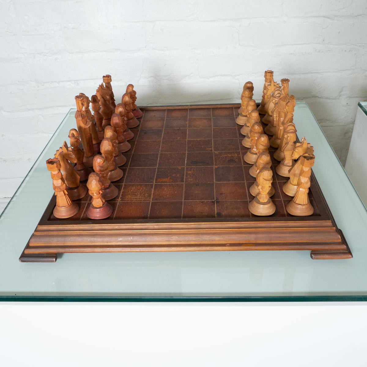 Hand Carved Wood and Leather Chess Set For Sale 7