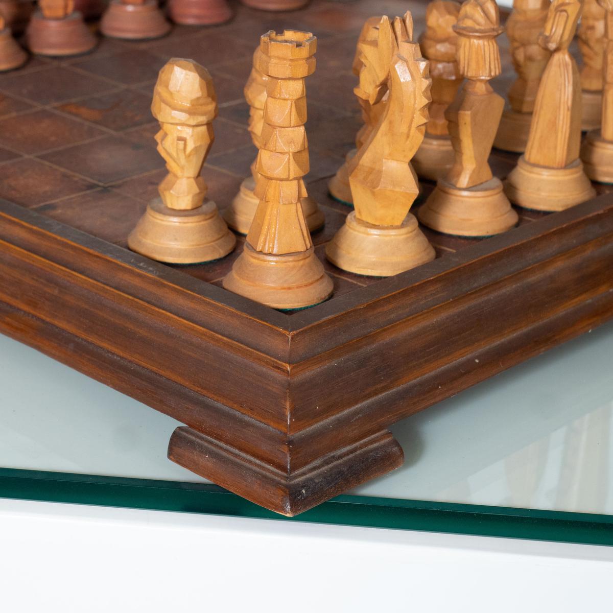 Mid-Century Modern Hand Carved Wood and Leather Chess Set For Sale