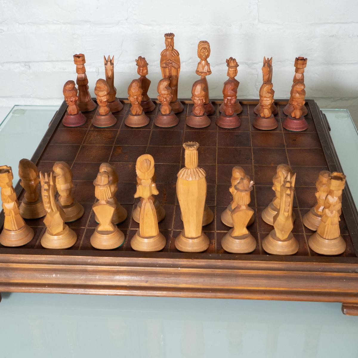 Hand Carved Wood and Leather Chess Set In Good Condition For Sale In Tarrytown, NY