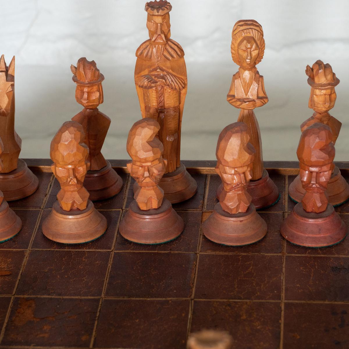 Mid-20th Century Hand Carved Wood and Leather Chess Set For Sale