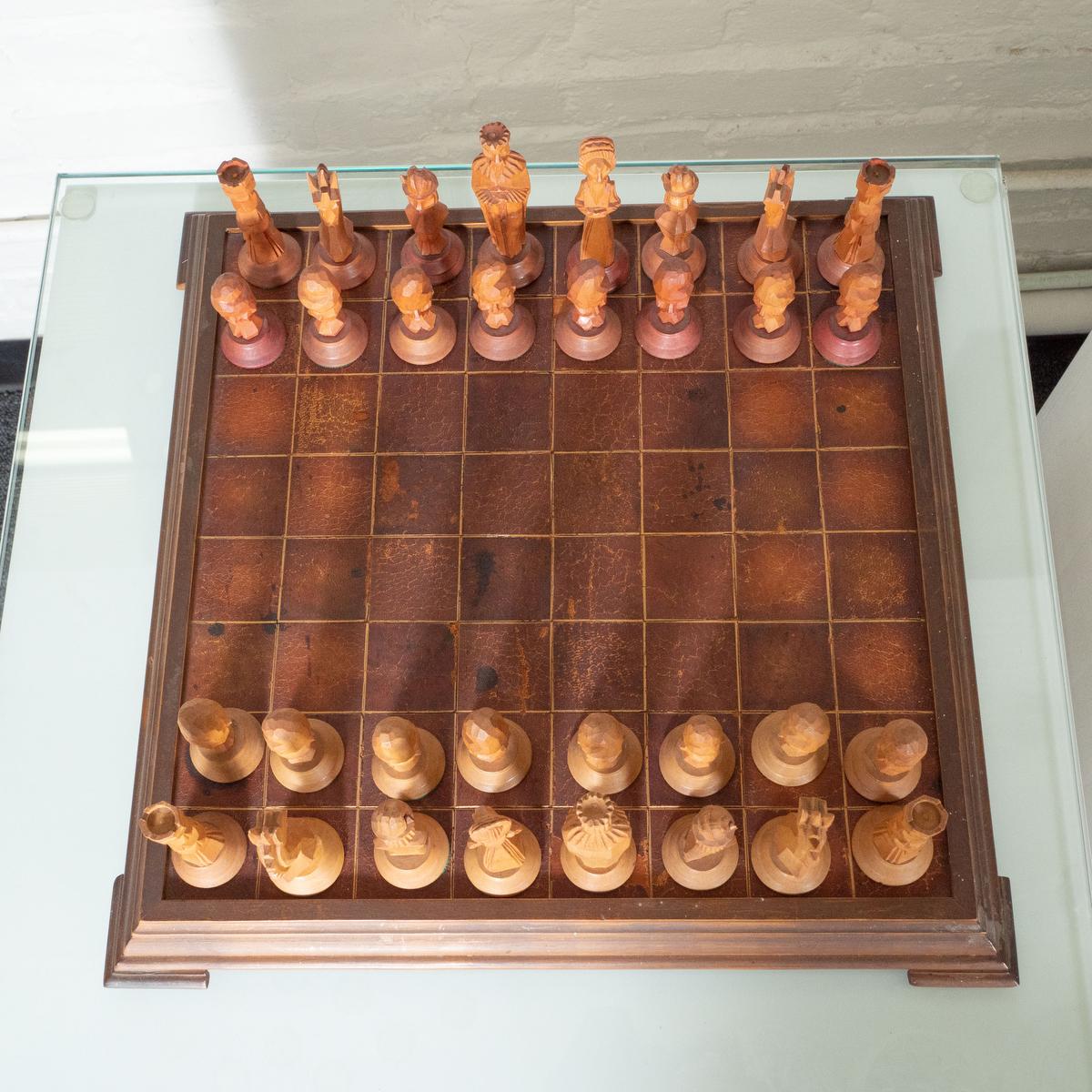 Hand Carved Wood and Leather Chess Set For Sale 1