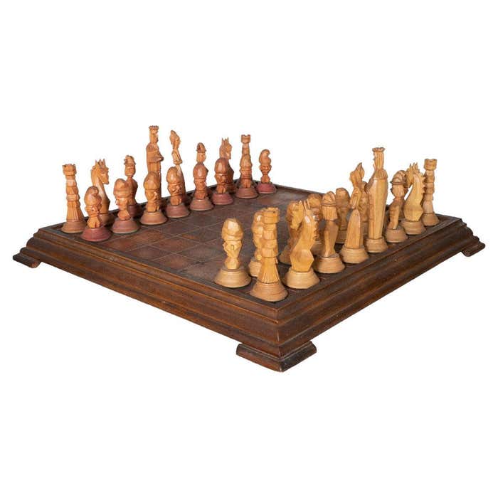 Hand Carved Wood and Leather Chess Set For Sale at 1stDibs | hand ...