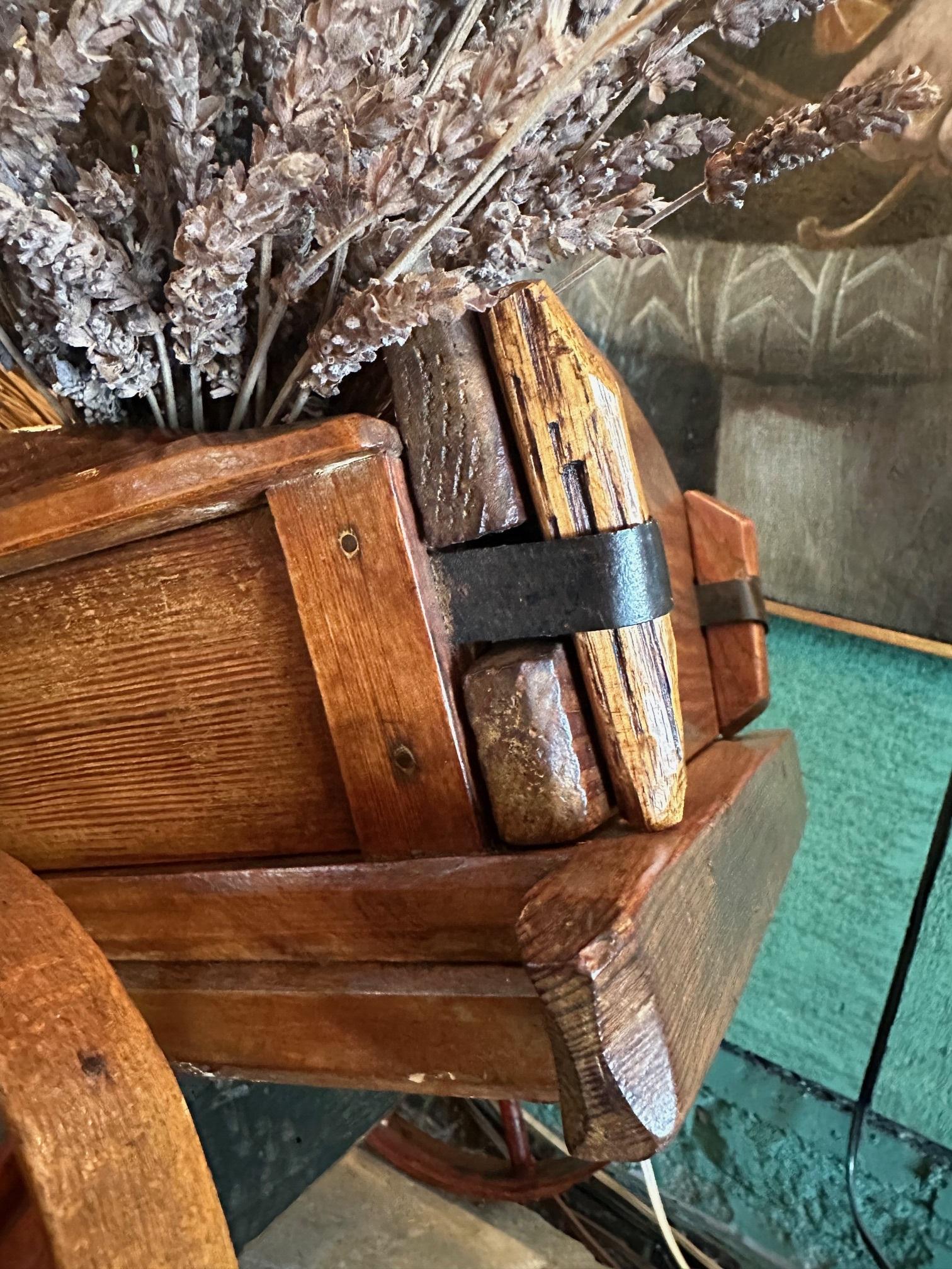 Hand Carved Wood Basket Decorative Object Wagon Toy Antique Centerpiece LA CA For Sale 5