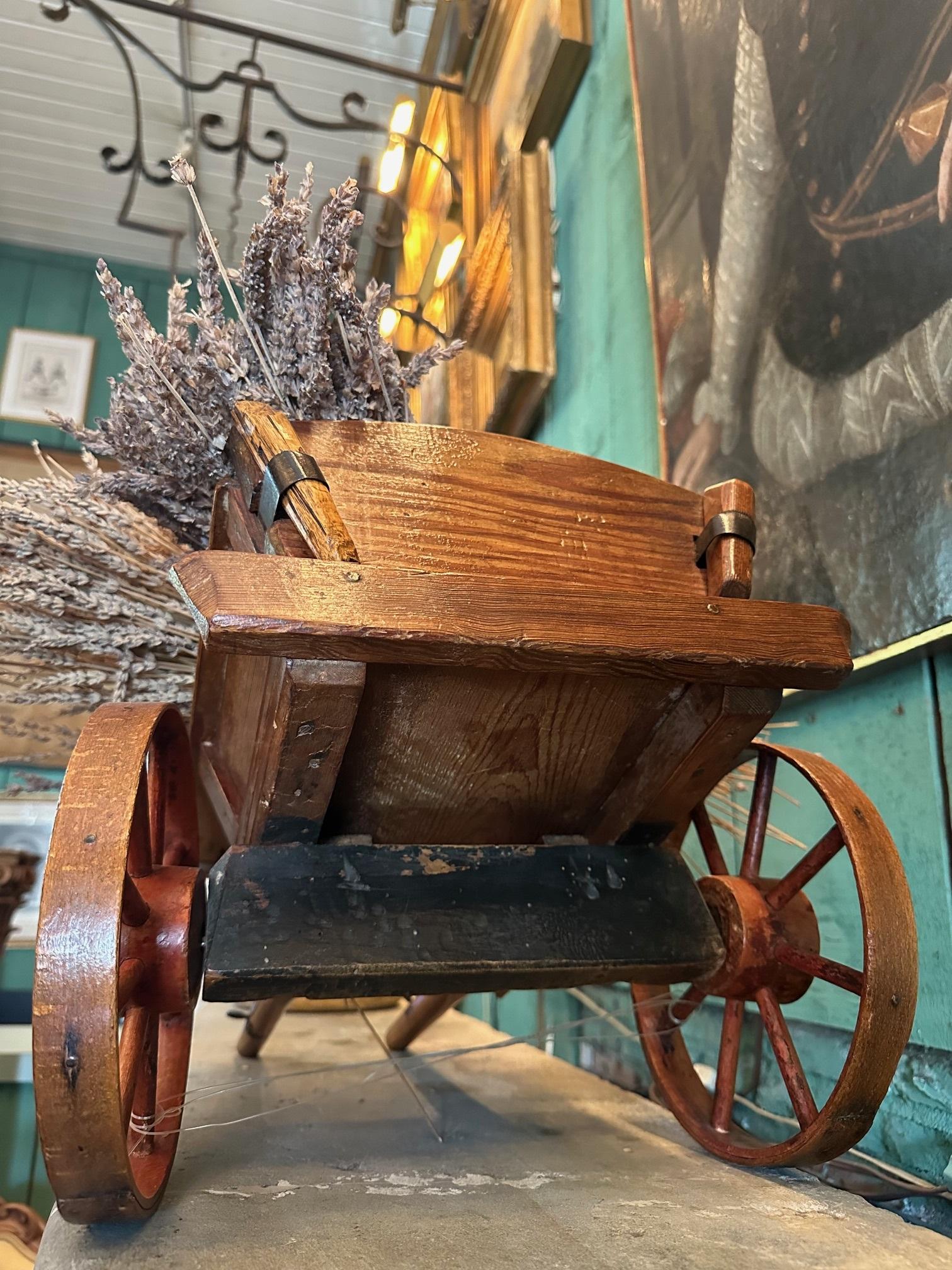 Hand Carved Wood Basket Decorative Object Wagon Toy Antique Centerpiece LA CA For Sale 8