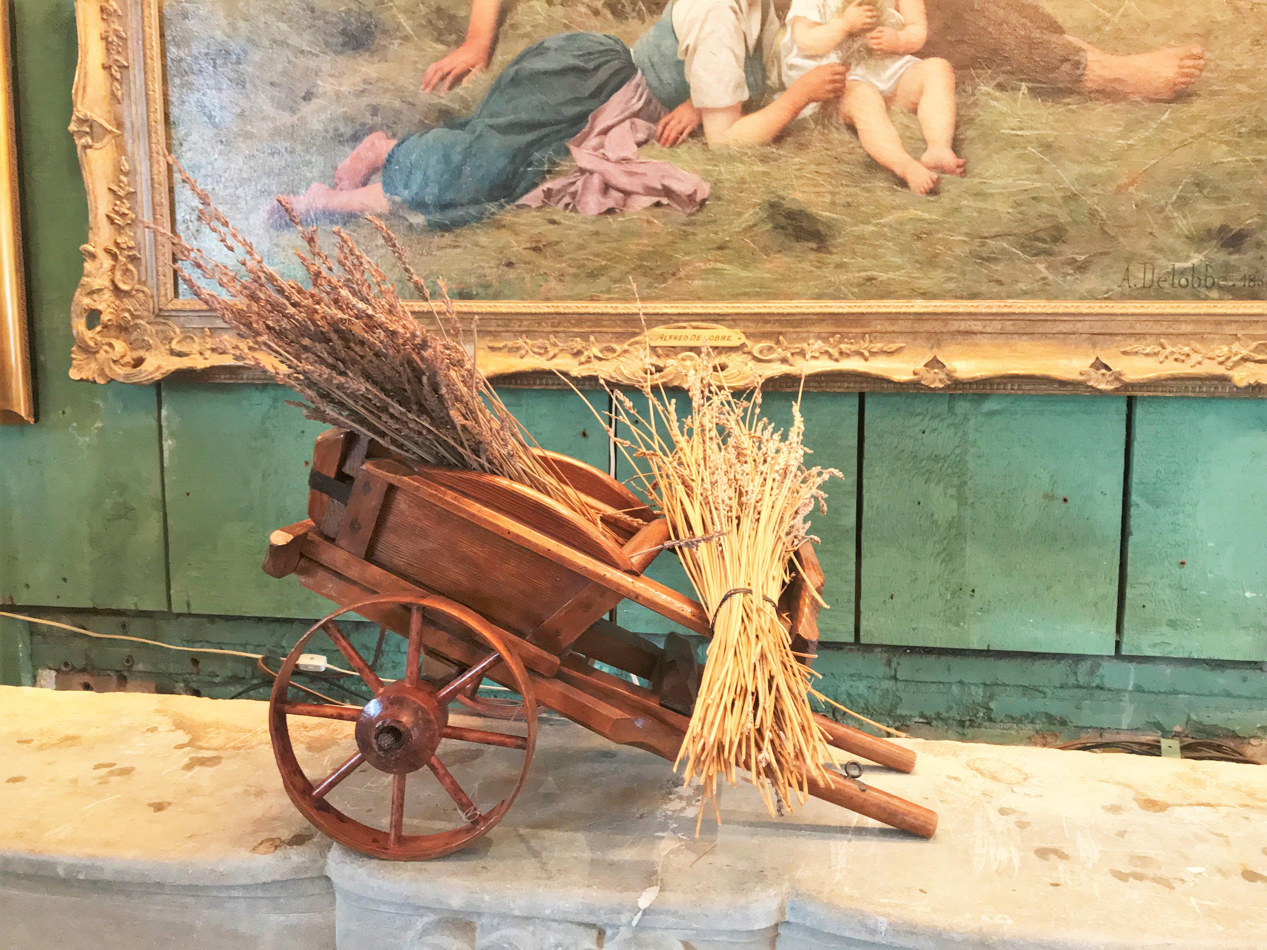 French Hand Carved Wood Basket Decorative Object Wagon Toy Antique Centerpiece LA CA For Sale