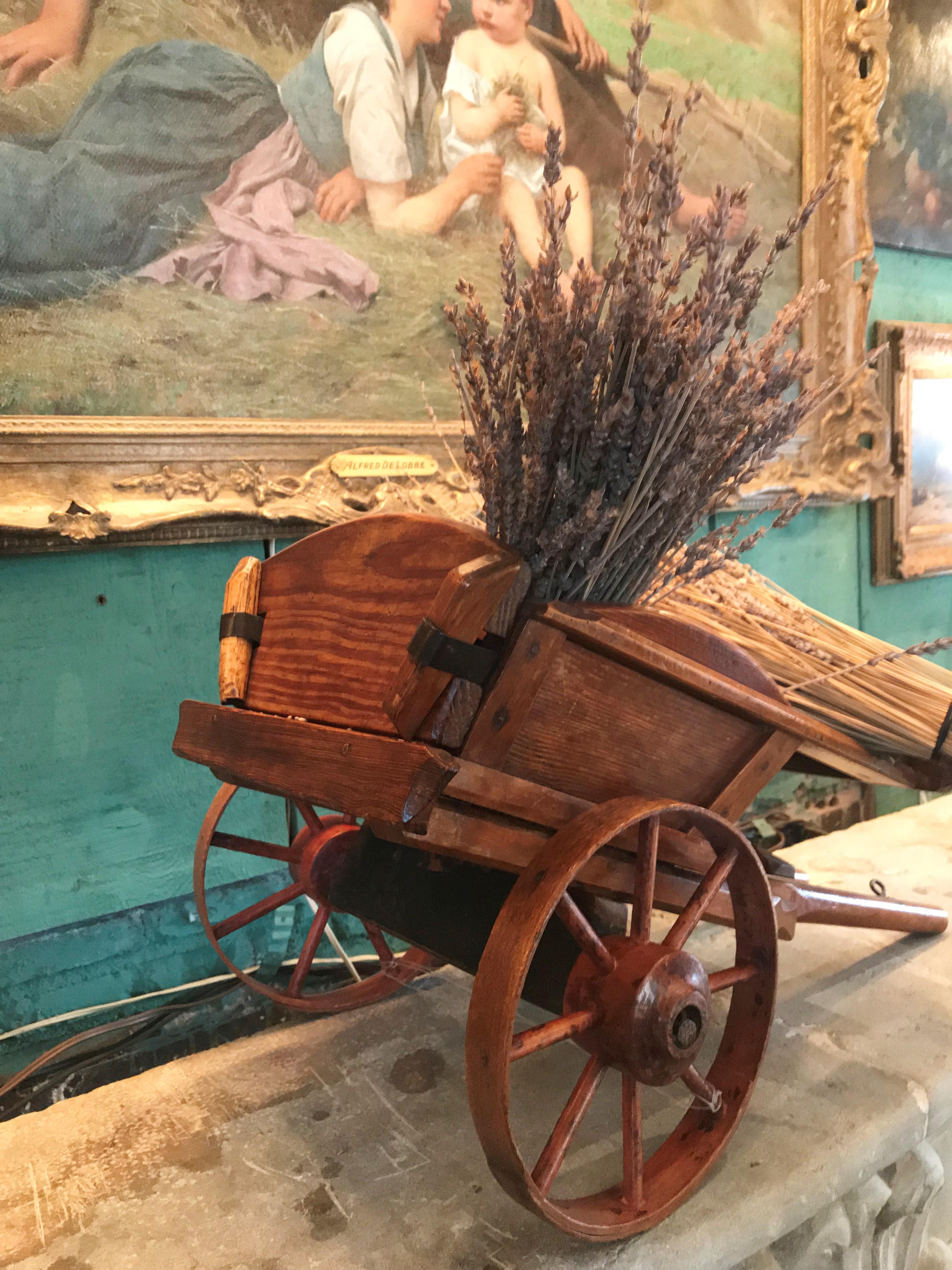 Hand Carved Wood Basket Decorative Object Wagon Toy Antique Centerpiece LA CA For Sale 2