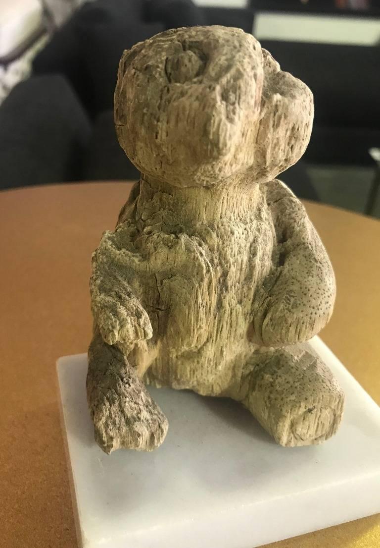 North American Hand Carved Wood Bear on Marble Stand