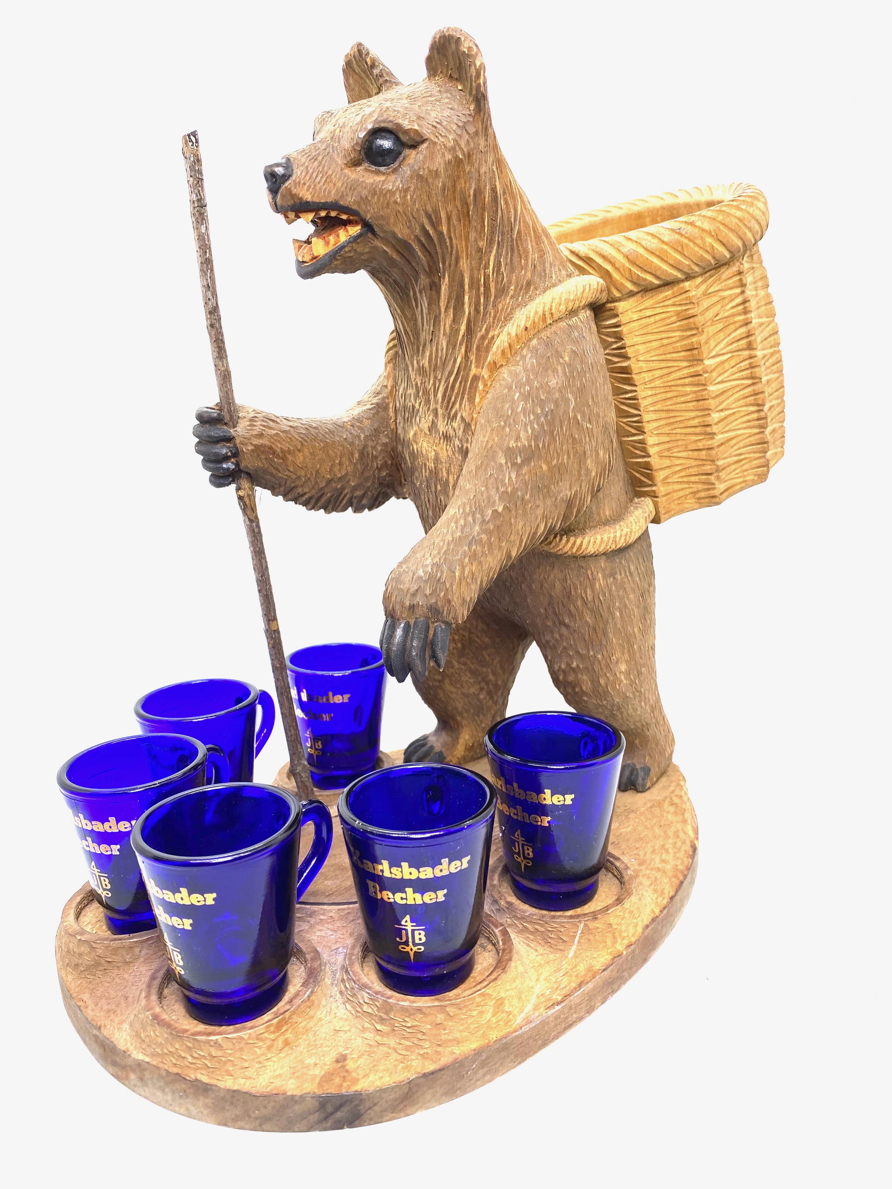 Hand-Carved Hand Carved Wood Black Forest Bear Hard Liqueur Stand, Czechoslovakia, 1985 For Sale