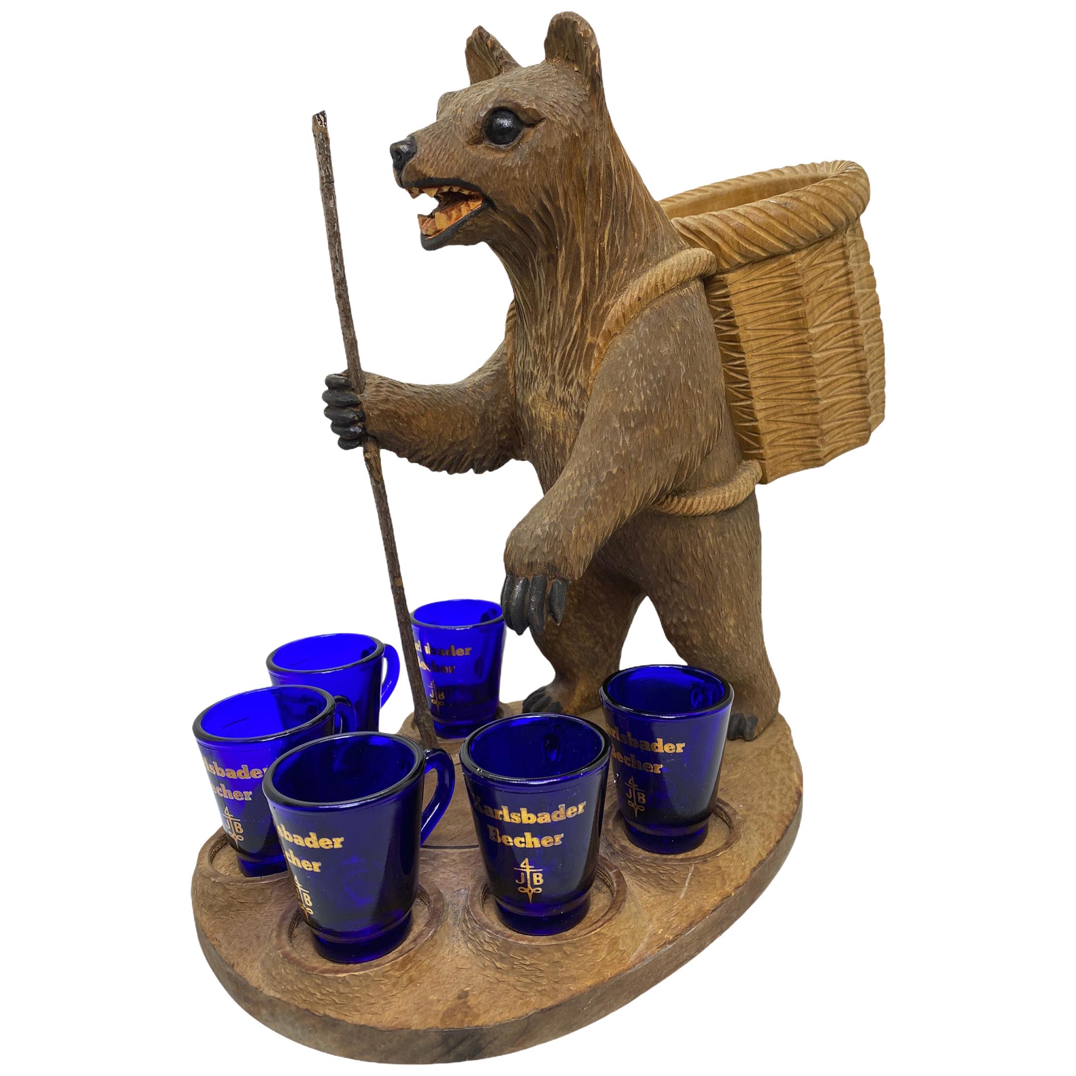 Hand Carved Wood Black Forest Bear Hard Liqueur Stand, Czechoslovakia, 1985