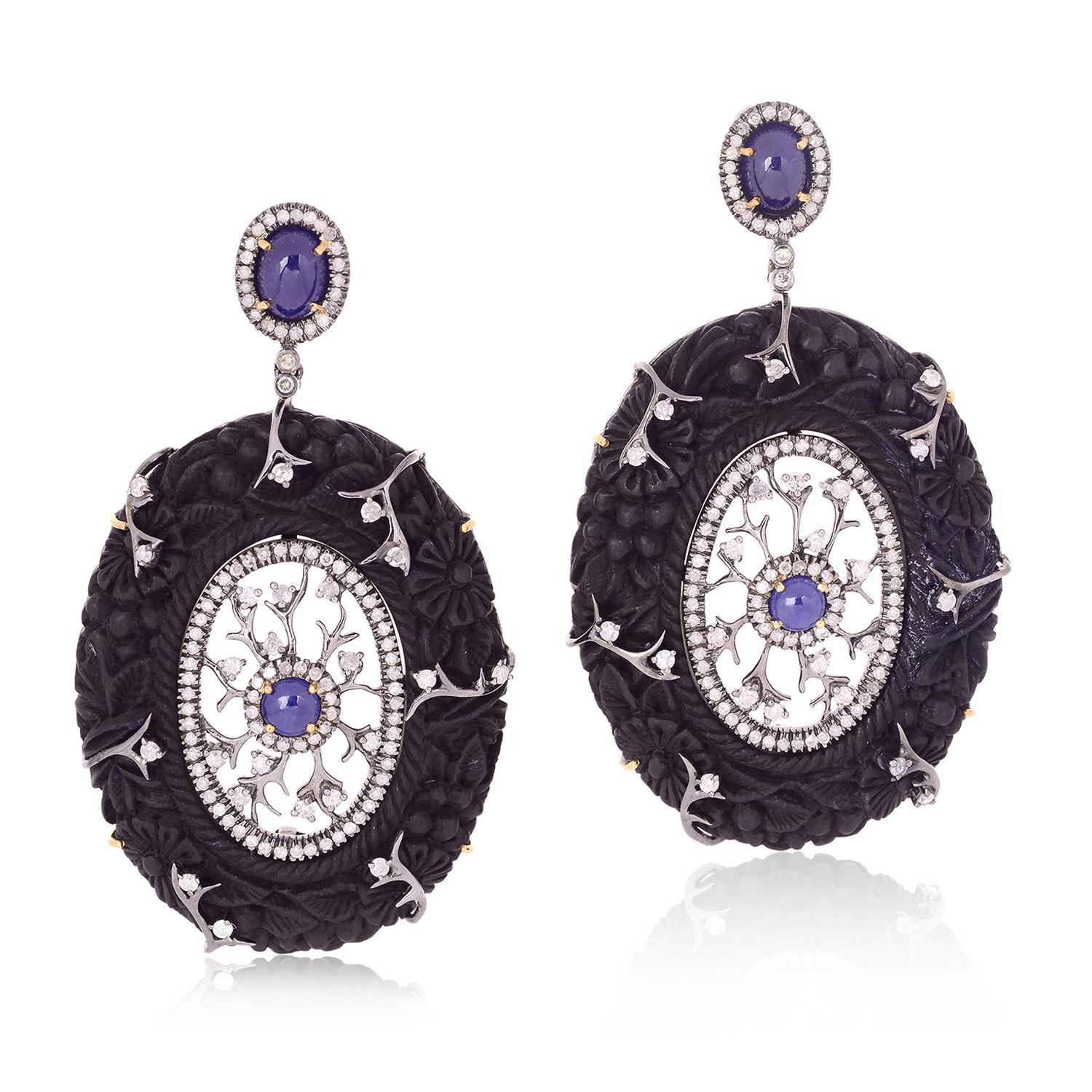 Mixed Cut Hand Carved Wood Blue Sapphire Diamond Earrings For Sale