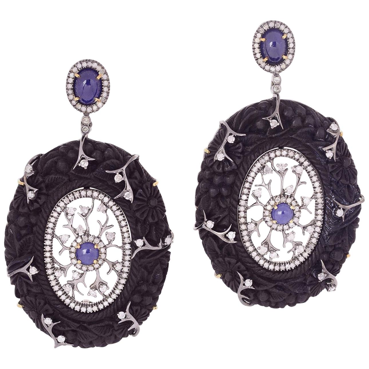 Hand Carved Wood Blue Sapphire Diamond Earrings For Sale