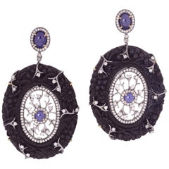 Hand Carved Wood Blue Sapphire Diamond Earrings