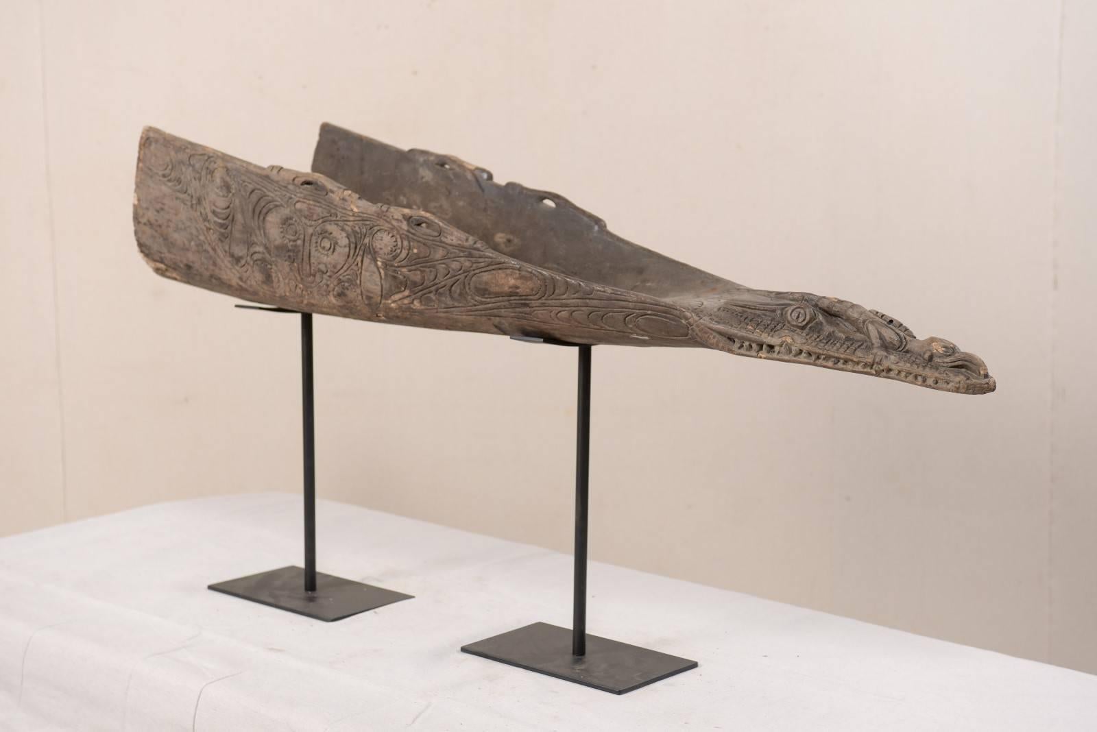 Papua New Guinean Hand-Carved Wood Boat Prow on Iron Stand from Papua New Guinea, Mid-20th Century